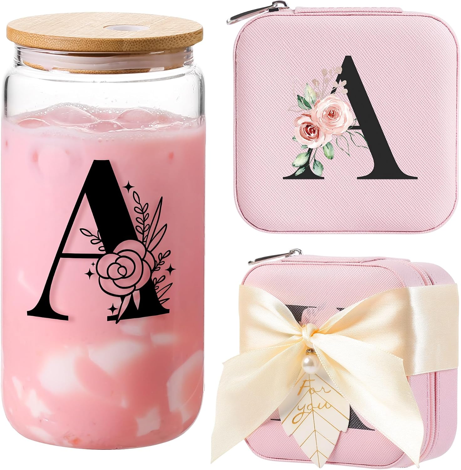 AYGXU teacher appreciation gifts,glass cups with lids and straws,Initia glass cups,Travel Must Have Jewelry Box,iced coffee cups,Travel Gifts for Women Girls,Initial A pink