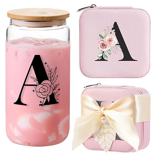 AYGXU Joyero imprescindible de viaje y vasos de vidrio de 16 onzas con tapas y pajitas de bambú, organizador de joyas de viaje, tazas estéticas,