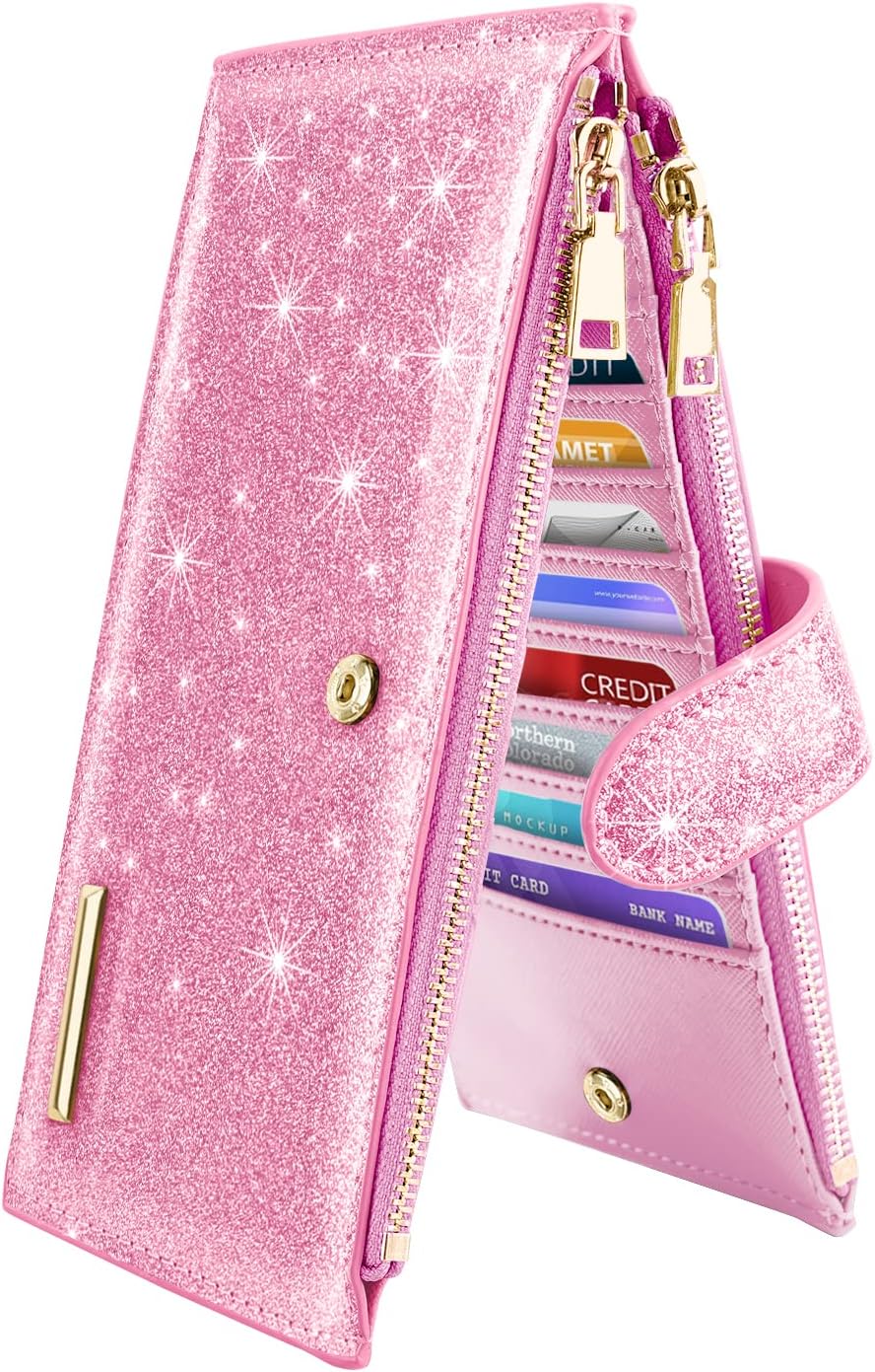 Womens RFID Blocking Glitter Leather Multi Card Organizer Bifold Black Wallet with Zipper Pocket,Pink Glitter