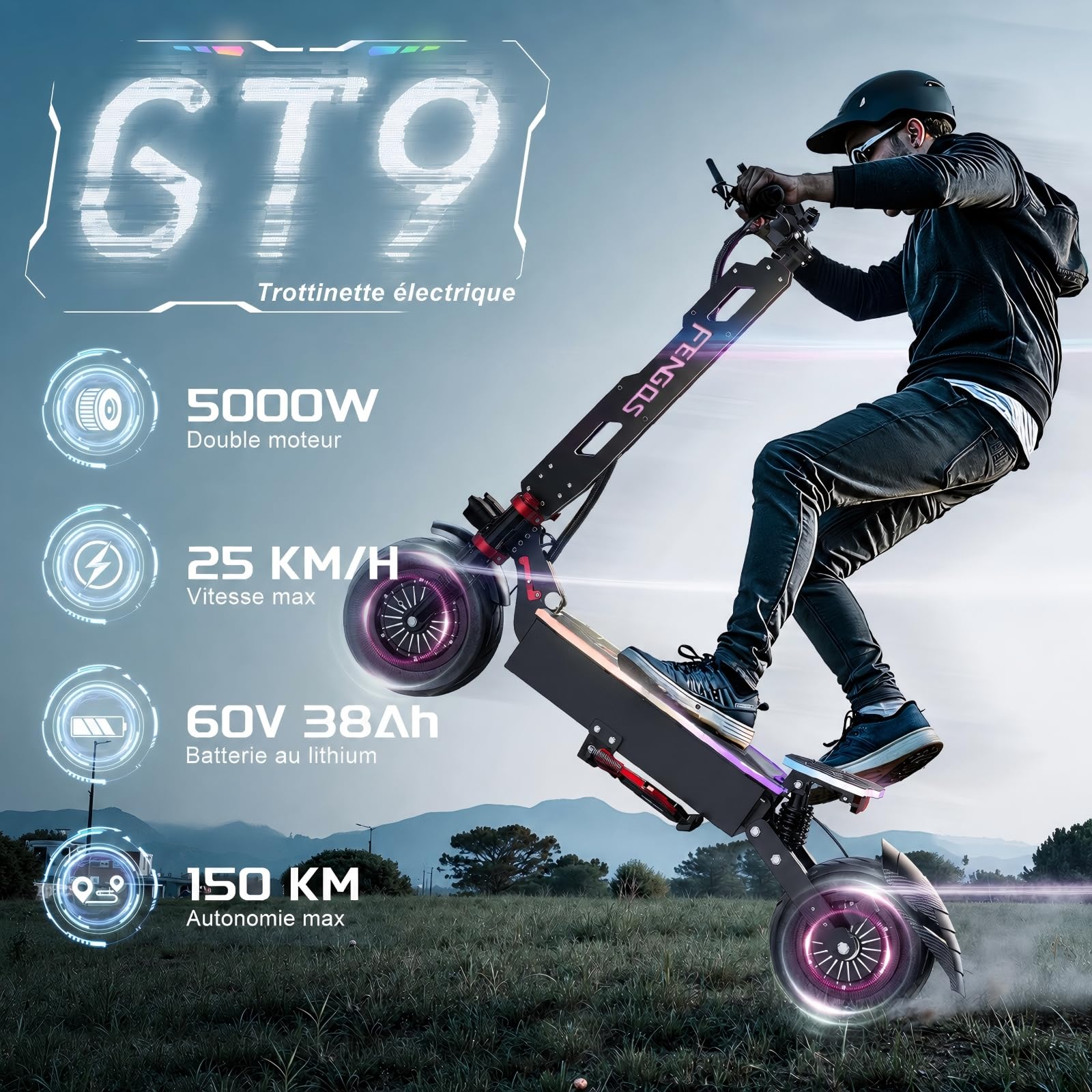 Trottinette Électrique Adulte, Double Moteur, Batterie 60V 38Ah, Jusqu'à 150 km d'Autonomie, Pneus Tout-Terrain Tubeless 12", NFC, Application, Freins ABS, Charge Max 249 kg