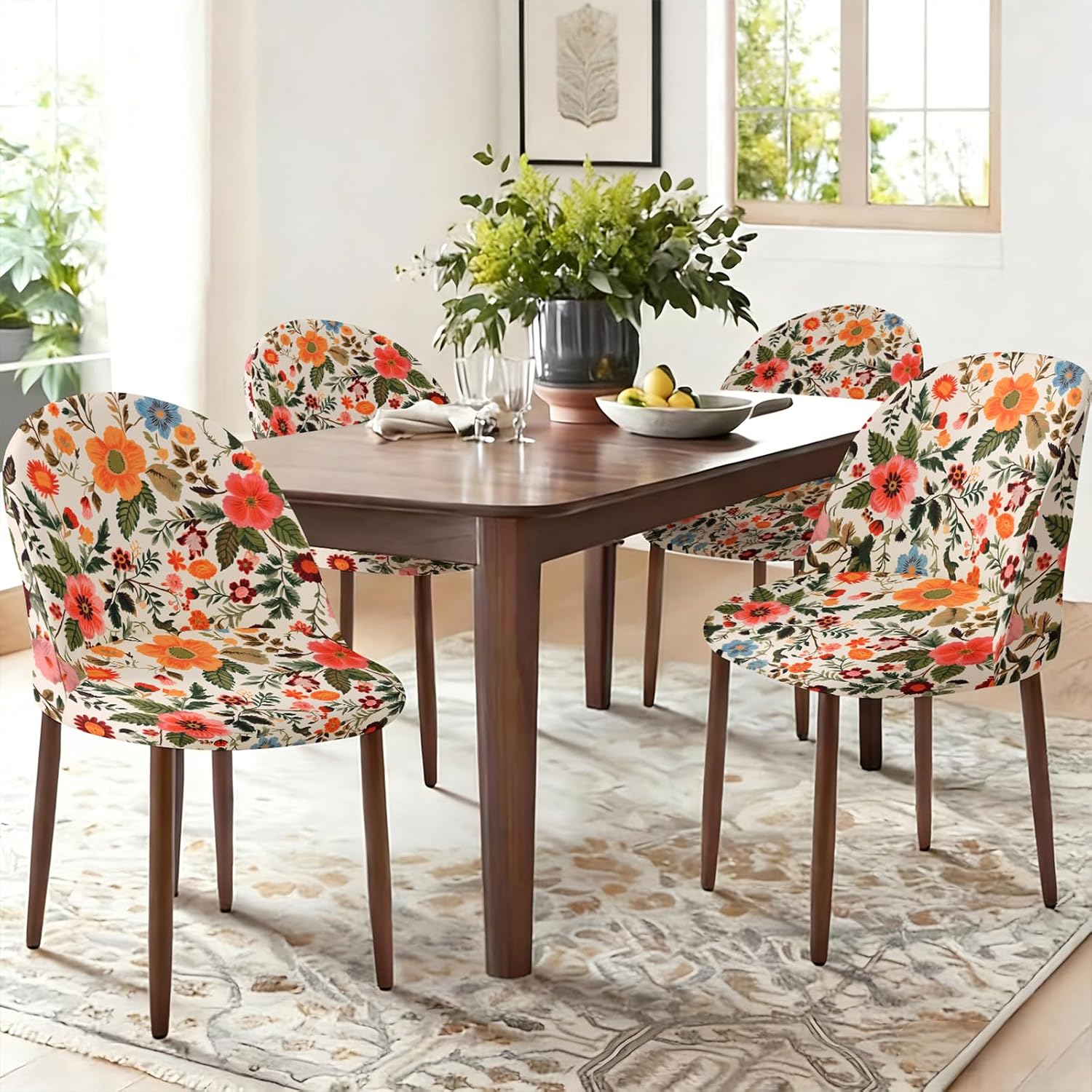 Vintage Floral Chair Slipcover, Stretch Spandex Shell Dining Chair Cover, Removable Washable Protector for Mid-Century Modern Side Chairs, Kitchen & Living Room Decor