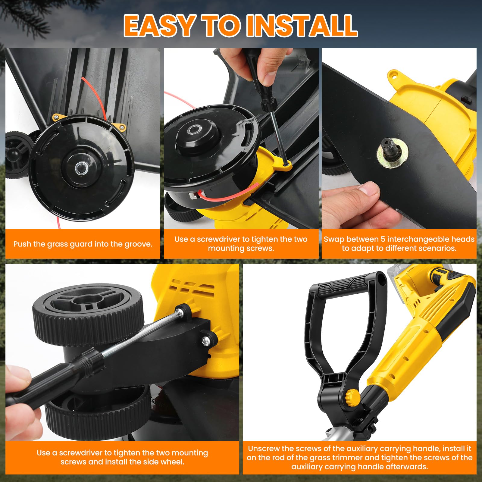 Akumulatorowa podkaszarka kompatybilna z akumulatorem Dewalt 20 V MAX, 5-w-1 elektryczna podkaszarka bez szczotek, składana pod kątem 180°, kąt przycinania 90° do przycinania trawników, ogrodu i