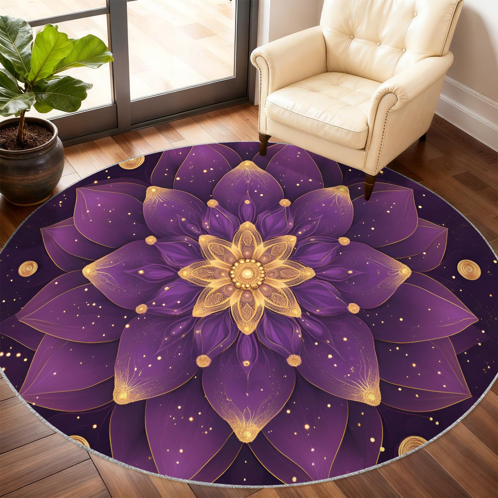 Tapis rond mandala lotus, ligne dorée pour salon, chambre à coucher, motif géométrique et étoilé, lavable, antidérapant, tapis décoratif