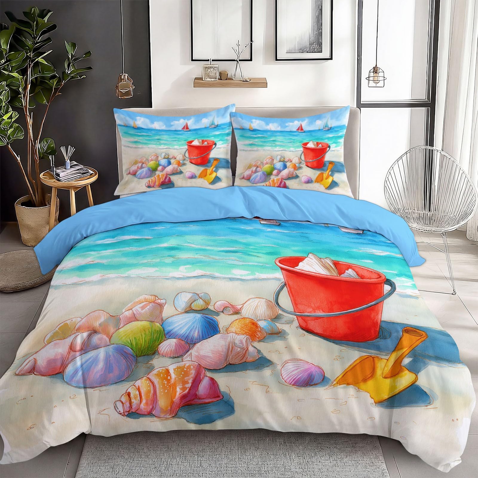 Parure de lit bleu océan housse de couette 140x200 cm dessin animé de plage