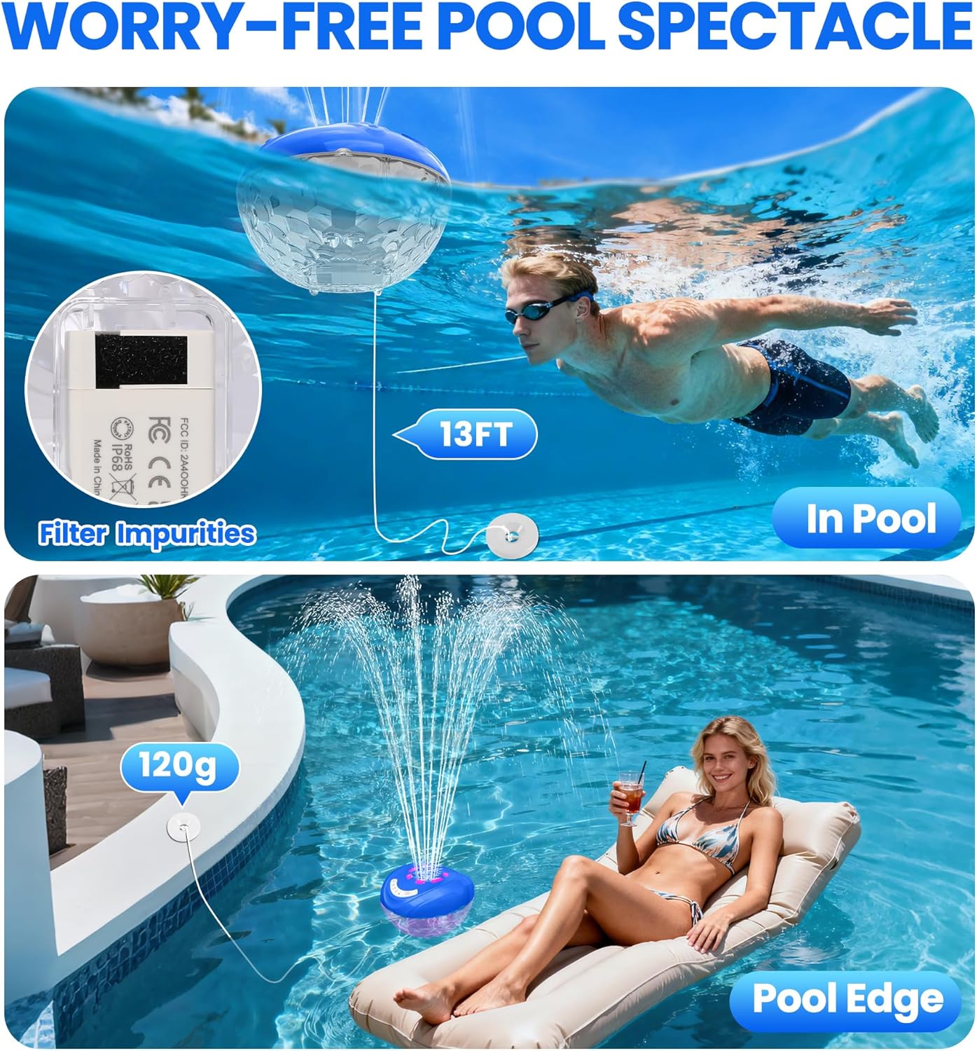 Luxfero 3 in 1 Floating Pool Fountain with Lights&Speaker, Pool Fountains for Inground Pools, Floating Bluetooth Speaker, Pool Speakers Bluetooth Waterproof IP68,Above Ground Pool Water Fountain-Blue