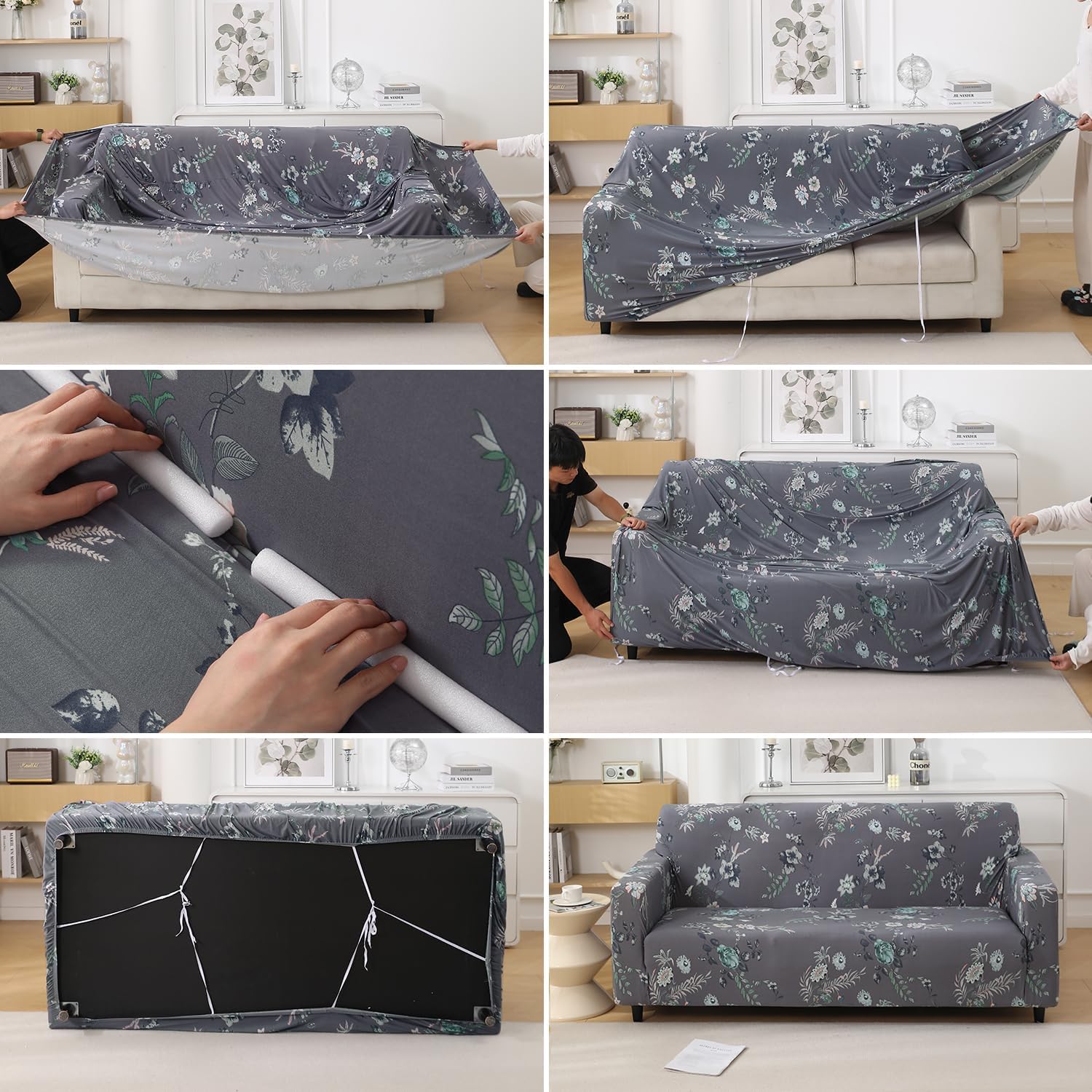 HOKIPO 4 Seater Sofa Cover - Grey Floral -7 HOKIPO 4 Seater Sofa Cover - Grey Floral -7