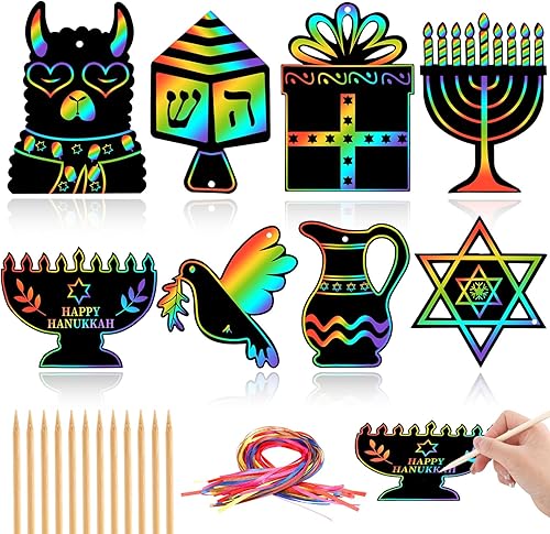 JULMELON Hanukkah Scratch Art, 36 piezas de kits de manualidades de Hanukkah para niños, arte mágico de rayar, adornos colgantes de Janucá, papel