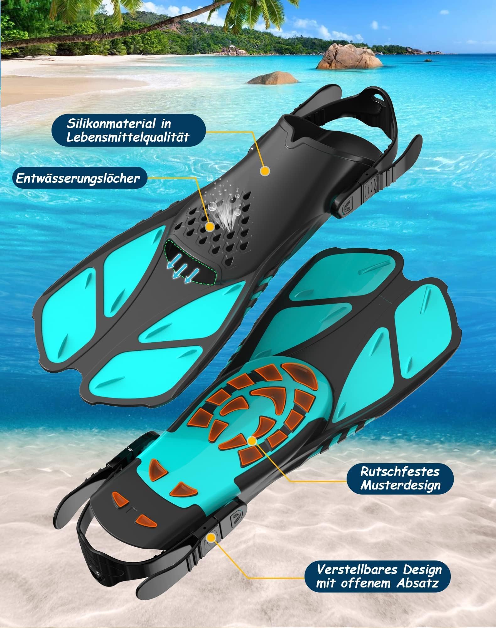 Schnorchelset Erwachsene 3-in-1,Anti-Fog & Leck Tauchmaske mit gehärtetem Glas, Dry Top Schnorchel & verstellbare Flossen – Schnorchelausrüstung für Schwimmen & Reisen