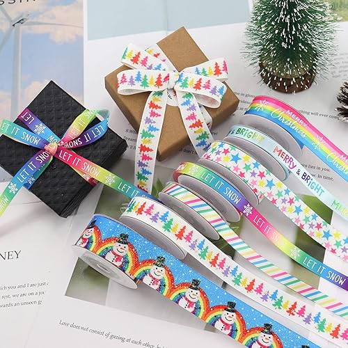 Miniatura 4 de Cinta de satén de Navidad, 7 rollos de cintas de grogrén coloridas, paquete de cintas de Navidad para envolver regalos, manualidades, hacer arcos,