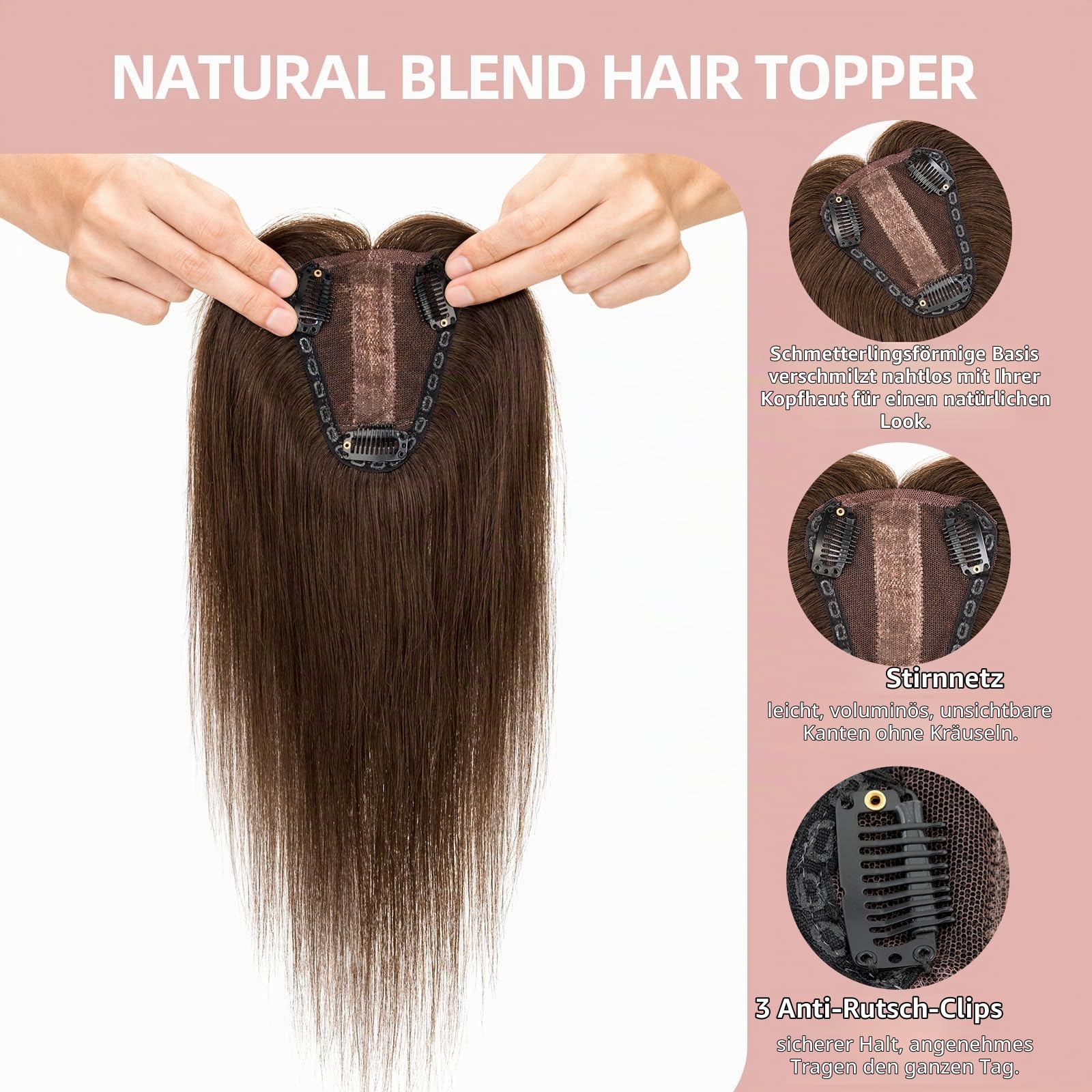 Silk-co Hair Topper Echthaar 30g, 8x10cm handgebunden Basis Toupet Damen, Clip in Haarteile mit Spitzen-Seidenbasis, kein Pony, 30cm #2R Helles Dunkelbraun