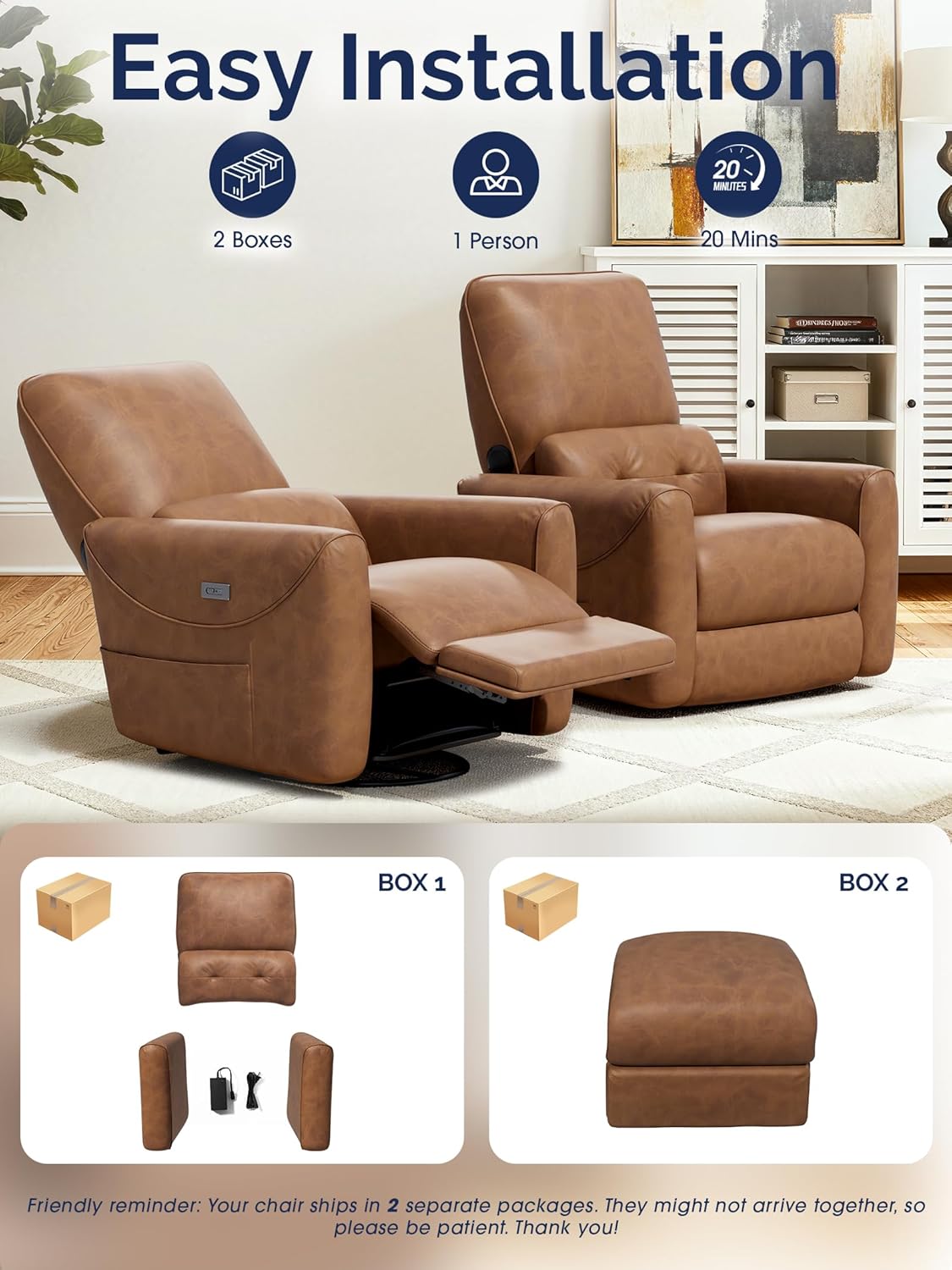 KINGYES Nursery Recliner Rocking Chair, 270° Swivel Glider, with Bluetooth Speaker & USB-C Port, Faux Leather Nursery Rocking Chair, Brown