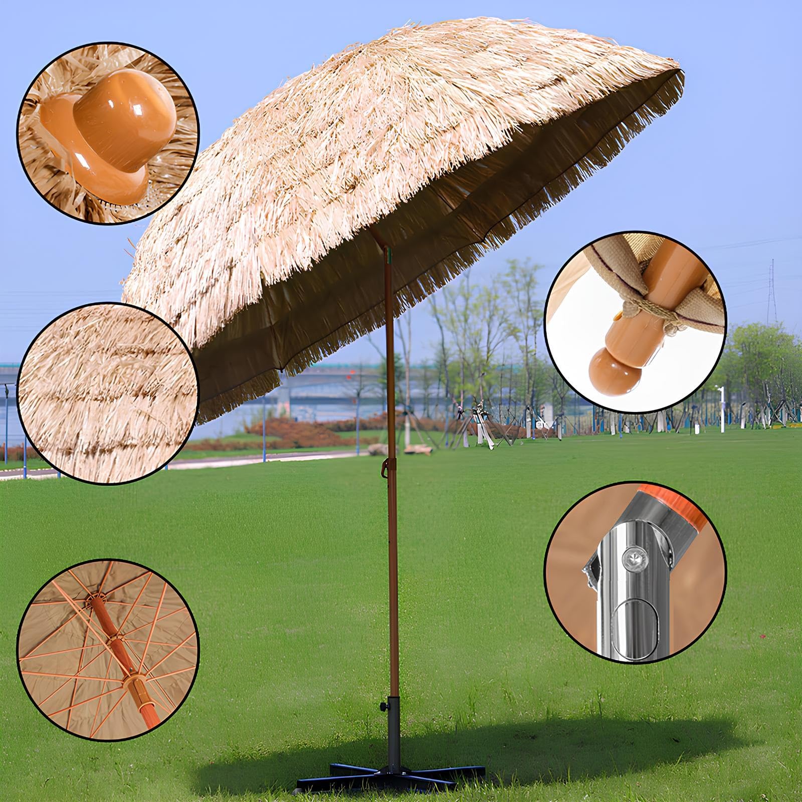 Hawajski parasol plażowy Tiki, 5,2-7,9ft odcień słońca z 8 żeberkami, przenośny taras zewnętrzny Parasol do ogrodu, balkonu i basenu