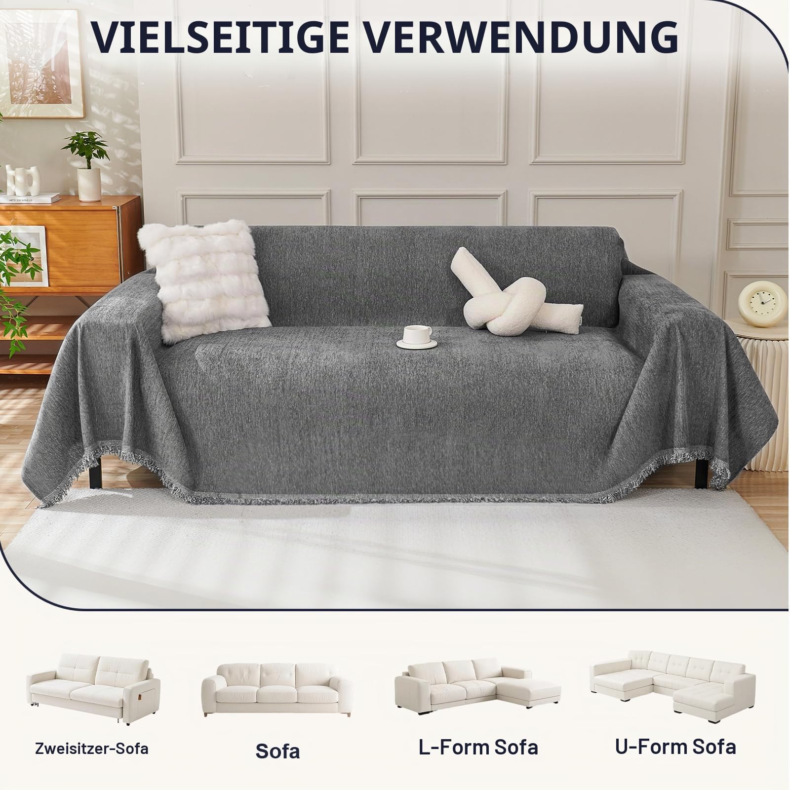 Royhom Sofa Überzug Chenille, Sofabezug L Form, Couch Überzug Ecksofa, Sofaüberwurf 2 Sitzer, Couch Überwurf mit Deko Quasten, Grau Sofa Überwurf(Dunkelgrau, 180x260cm)