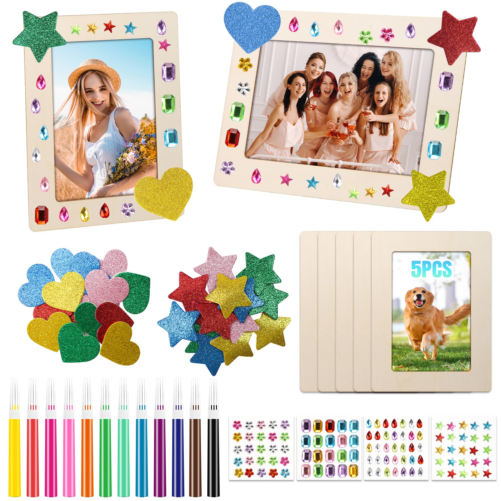 Bilderrahmen Holz Set zum Bemalen,5 Stück 20x15cm Fotorahmen Bastelset Holzrahmen Holzbilderrahmen zum Bemalen mit Glitzersteine,Sticker,Wasserfarben,DIY Bastelsets für Deko,Geburtstage Geschenke
