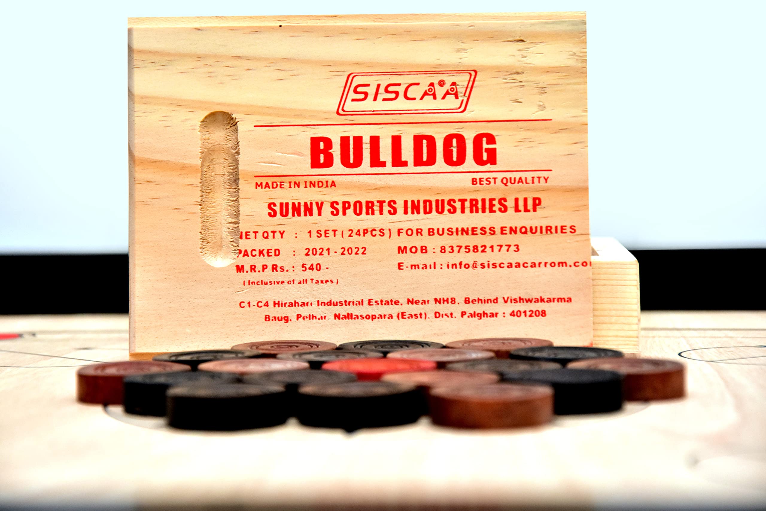 Bulldog Coin Set ( Carrom Men ) 9 mm , Premium Wood Box Packing Coins, 24 Pieces