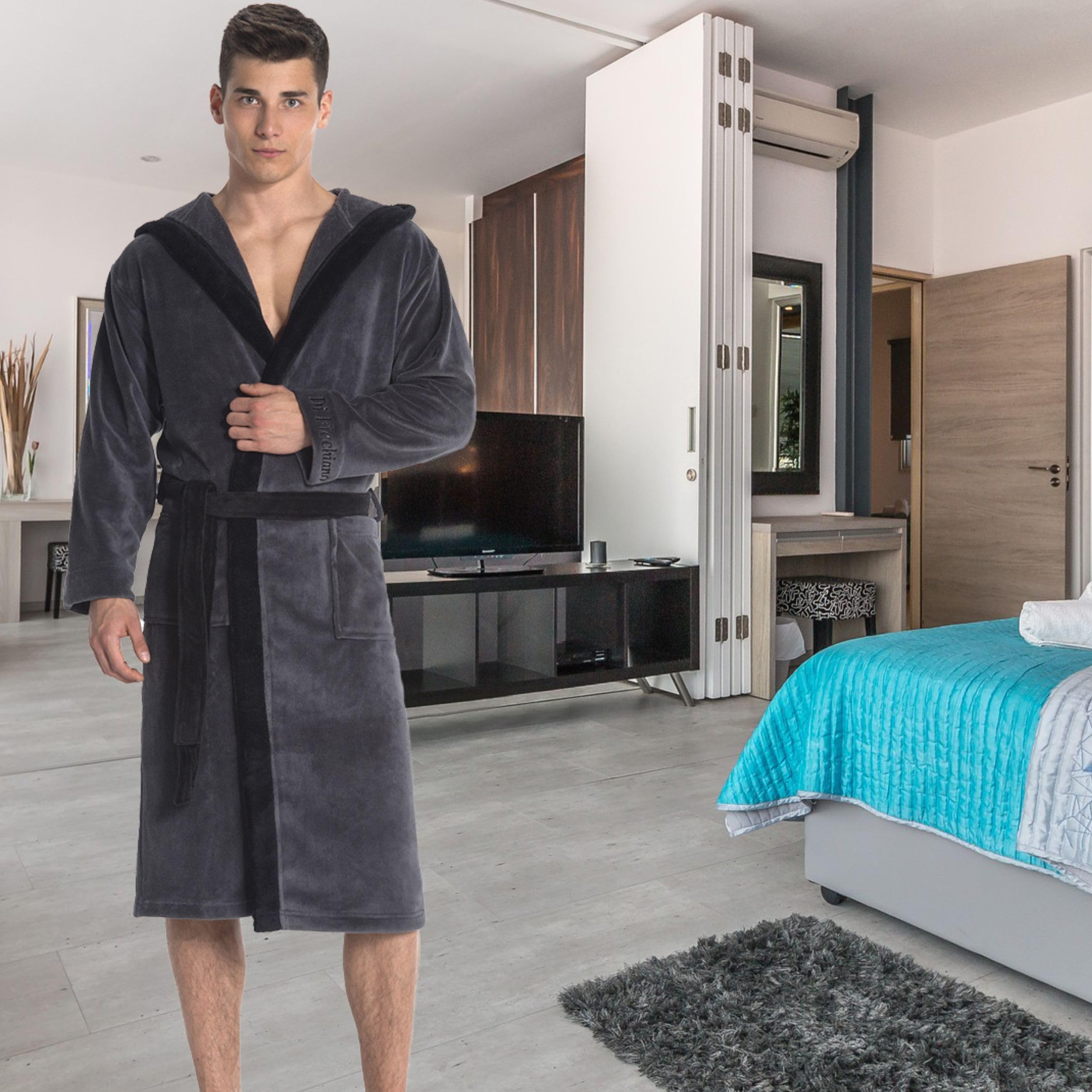 Di Ficchiano Męski szlafrok kąpielowy Monza z kapturem I szlafrok poranny puszysty I bielizna nocna ze szlachetnej mikrofibry I kimono w różnych kolorach i rozmiarach S - 5XL I szlafrok kąpielowy