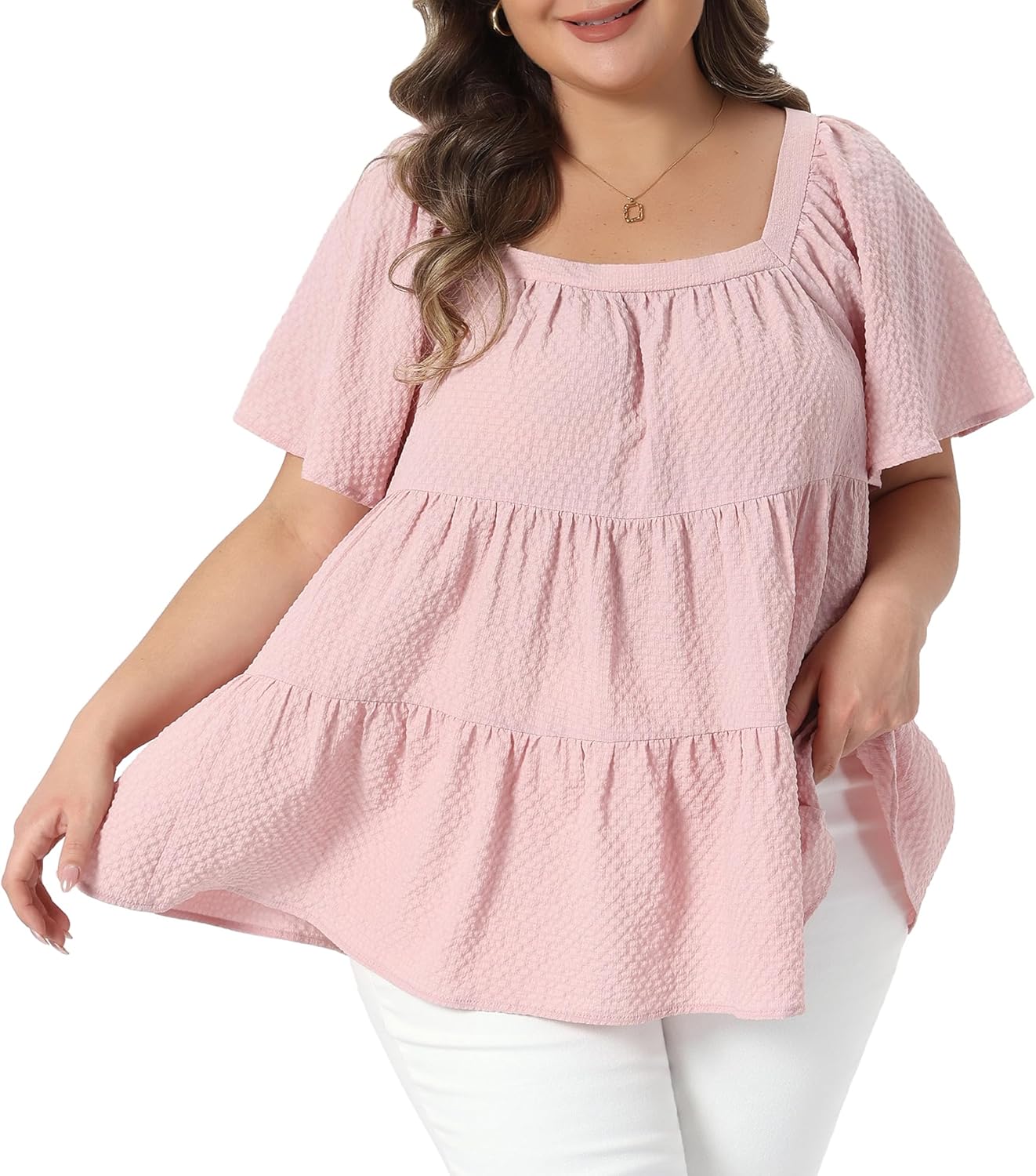 Agnes Orinda Plus Size Summer Tops for Women Square Neck Short Sleeve Babydoll Loose Flowy Swing Peplum Blouses