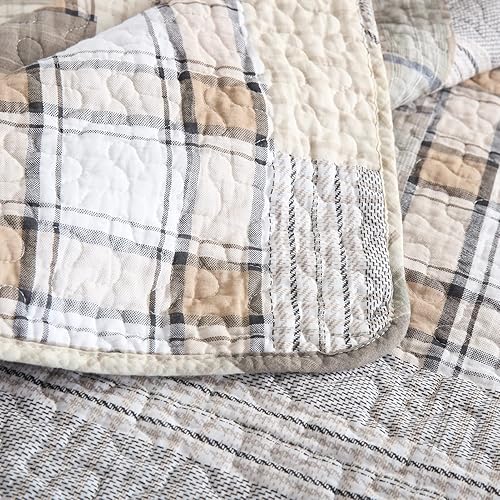 Vista 52 de SahSahCasa Juego de edredón tamaño King, juego de edredón de 100% algodón, colcha de retazos, colcha rústica ligera a cuadros para cama King, beige