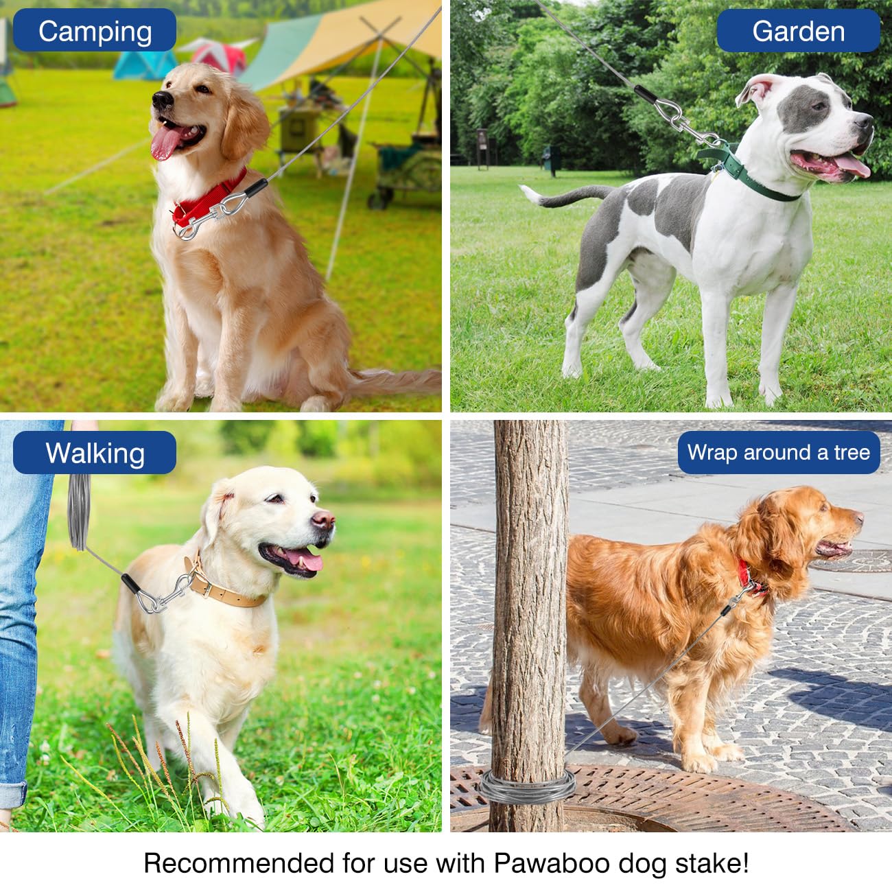 Pawaboo Cable de Amarre para Perros, 3m de Acero Resistente Con Gancho Giratorio 360° y Resorte de Choque para Pequeños y Grandes Hasta 125 lbs, Patio Acampada, Plata