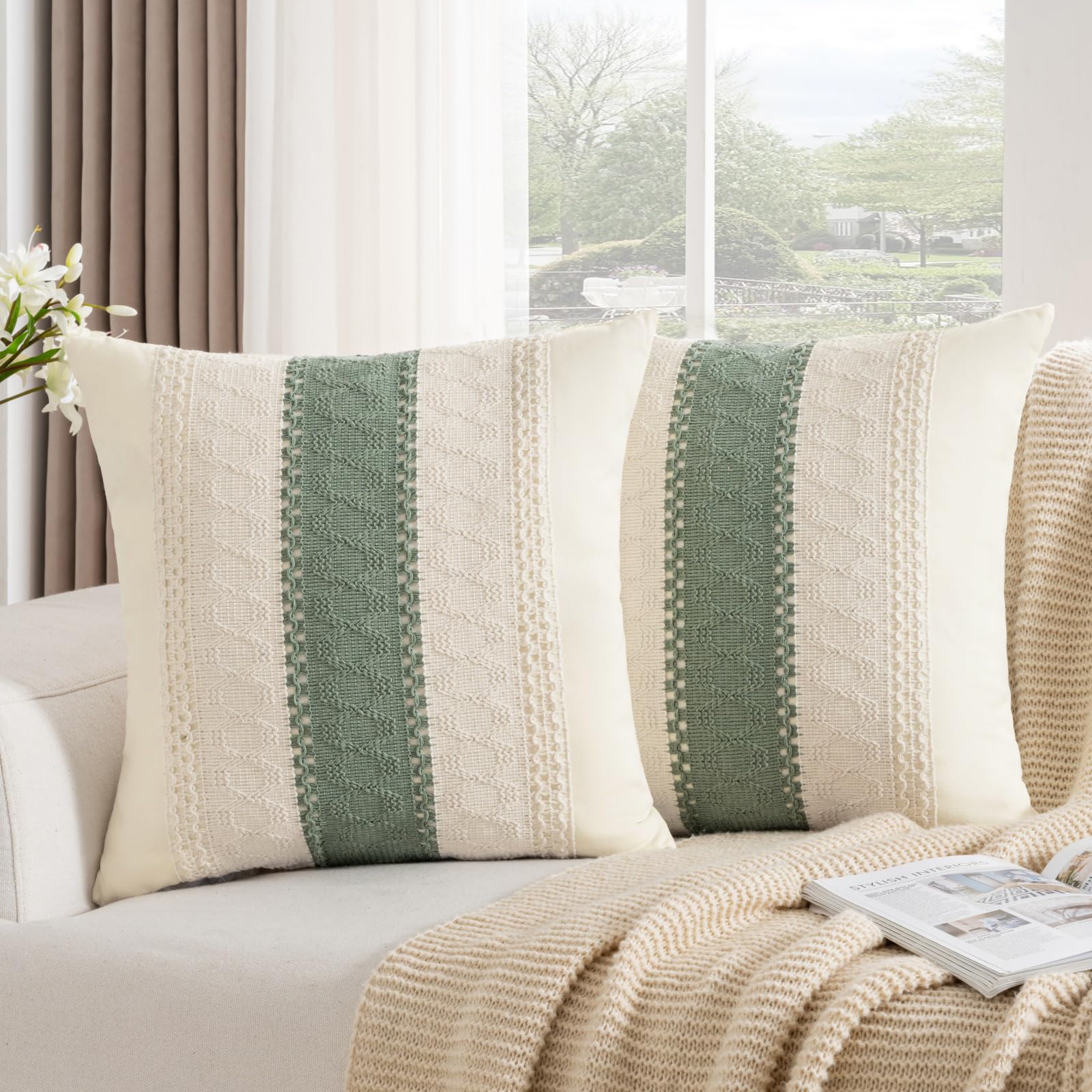 Boho Cushion Covers 50 x 50 cm, Set of 2 Sofa Cotton Cushions Cover with Delicate Linen Crochet Lace, Big Square Decorative Pillow Case for Living Room Bedroom Garden Sofa Couch Armchair Bed Pillow โ image 1