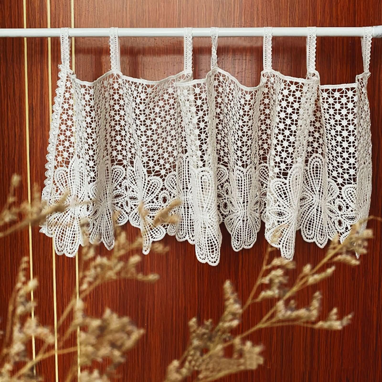 Kurze Gardinen 1 Stück Badezimmer Fenster,220 cm Breit,Tab Top | Einfarbig mit hohlem Blumenmuster,Leinen-Optik Polyester-Baumwolle,Lichtdurchlässig,Beige Weiß,220 x 28 CM