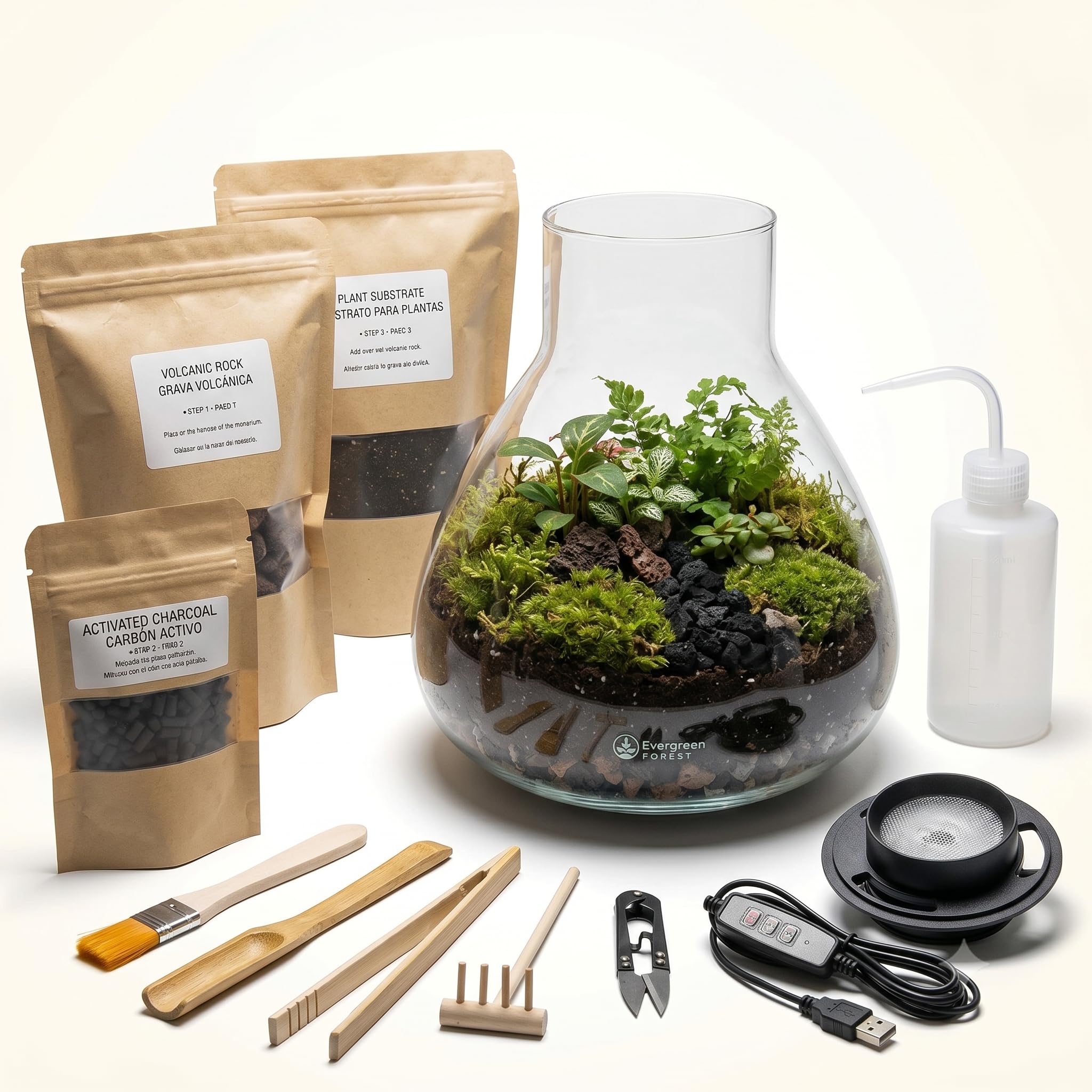 Kit Terrario XL Completo con Luz Smart LED para Jardín Eterno | Kit XL con recipiente 4L, luz Smart LED, herramientas, sustrato, grava, carbón activo y bote de riego antisalpicaduras