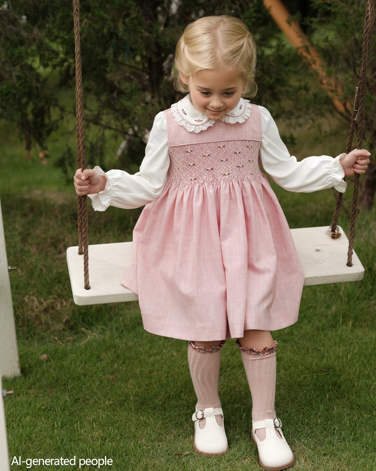 Twoflower Baby Mädchen Langarm Smocking Kleidung Kleinkind Herbst Floral gesmoktes Kleid Vintage Kleider für Weihnachten Geburtstag