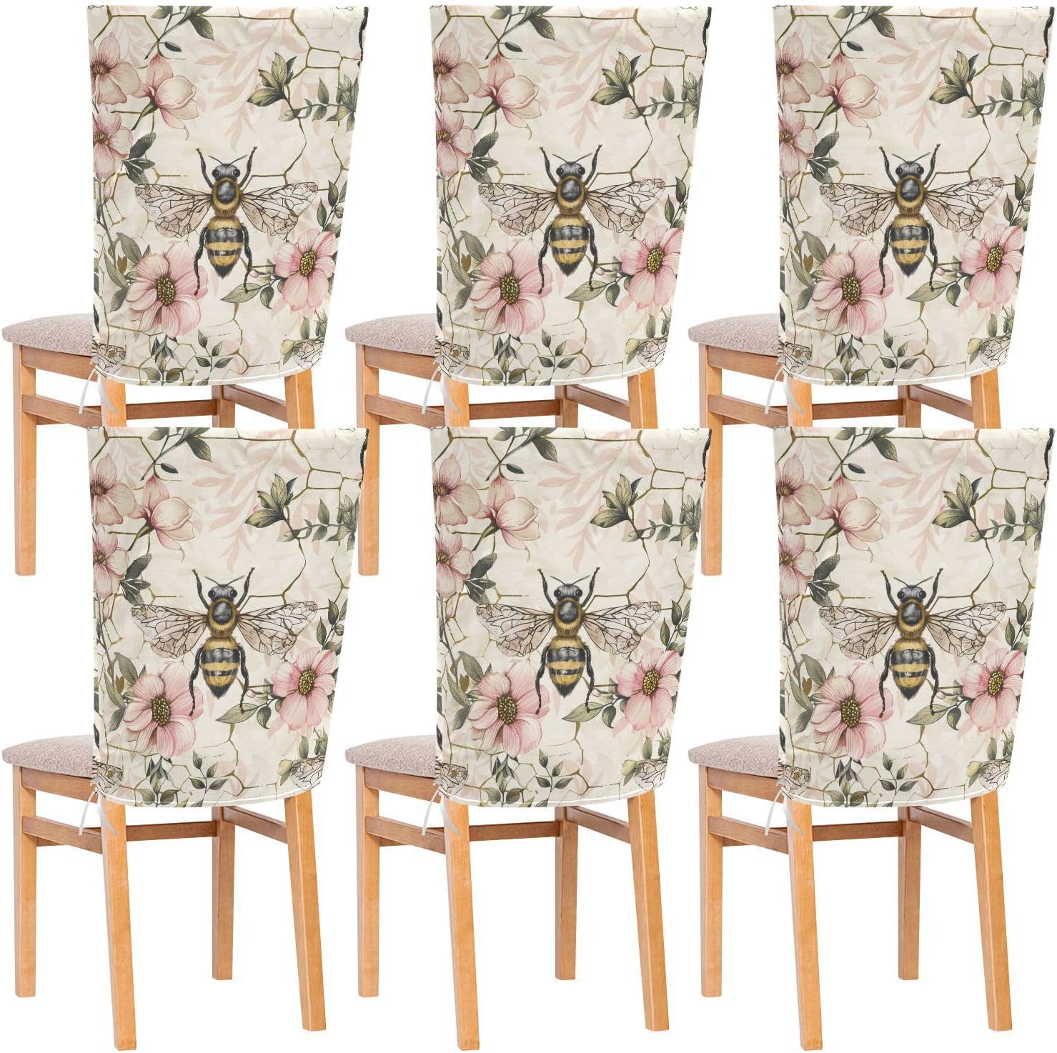 ALAZA Vintage Bee Pink Flowers Chair Back Cover Set of 6, Washable Reusable Removable Chair Slipcovers Decorative Chair Cover for Home Kitchen Wedding Party