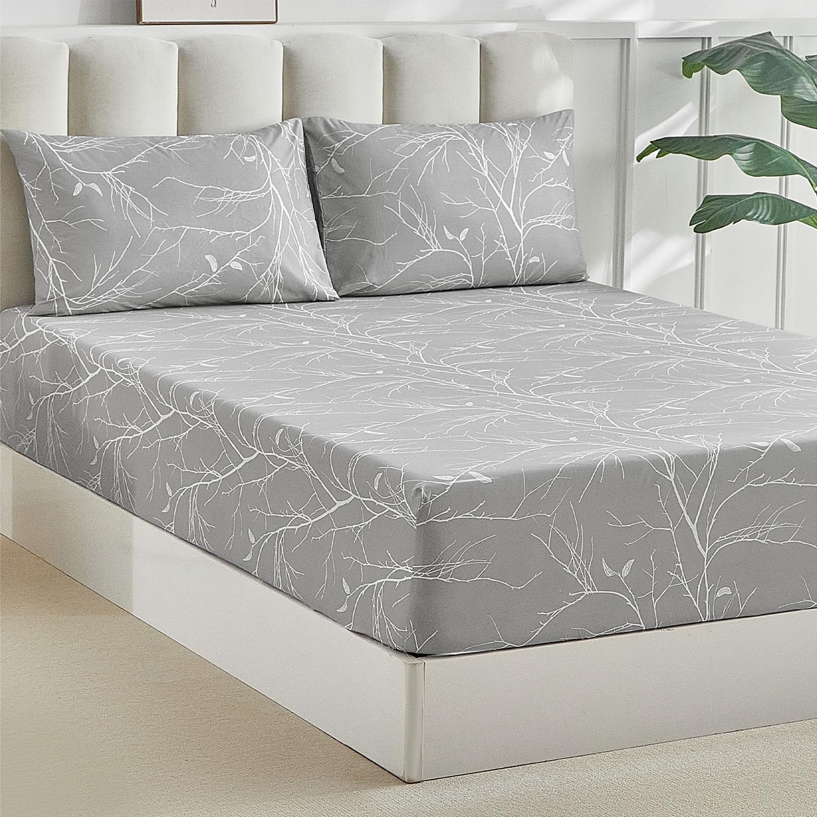 Tokokimo Double Fitted Sheet 180 x 200 cm, Extra Deep Pocket Fitted Sheet, 35 cm, Soft Microfibre with 2 Pillowcases, Floral Print (Grey White)