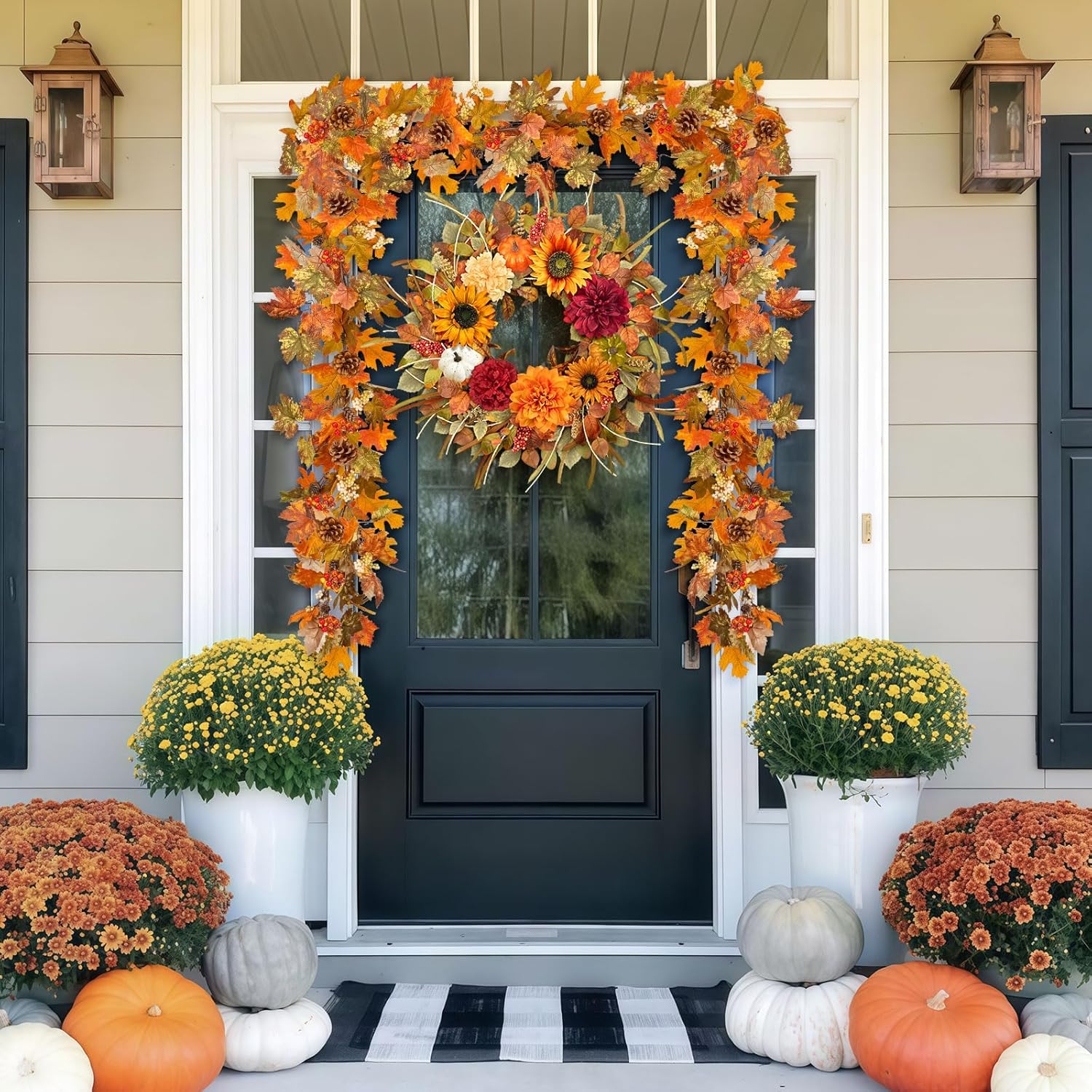 6ft Fall Garland with Lights and Fall Banner,Autumn Garlands for Decoration with Berry Pine Leaves,Leaf Garland for Mantle Table,Thanksgiving Indoor and Outdoor Home Decor