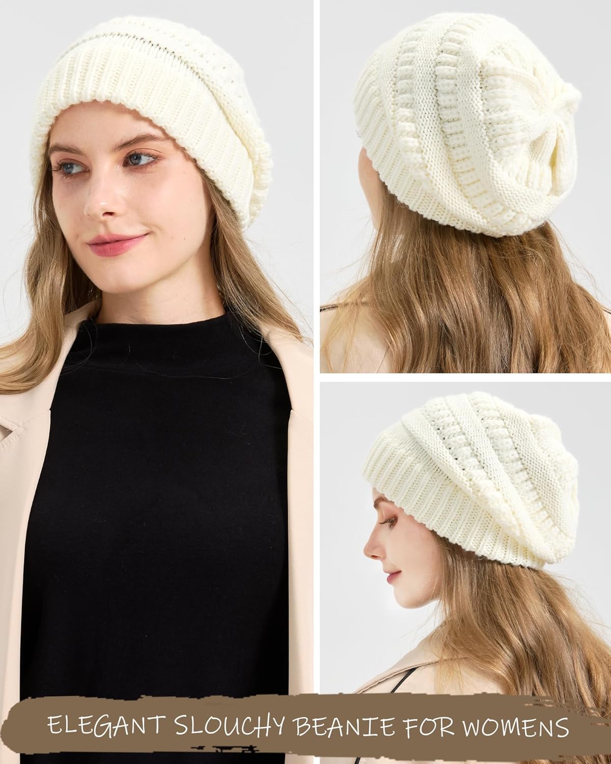 Cable Knit Slouchy Beanie for Women, Wool Winter Warm Womens Beanies, Trendy Oversized Slouch Hat Skull Ski Cap Hats - Image 3
