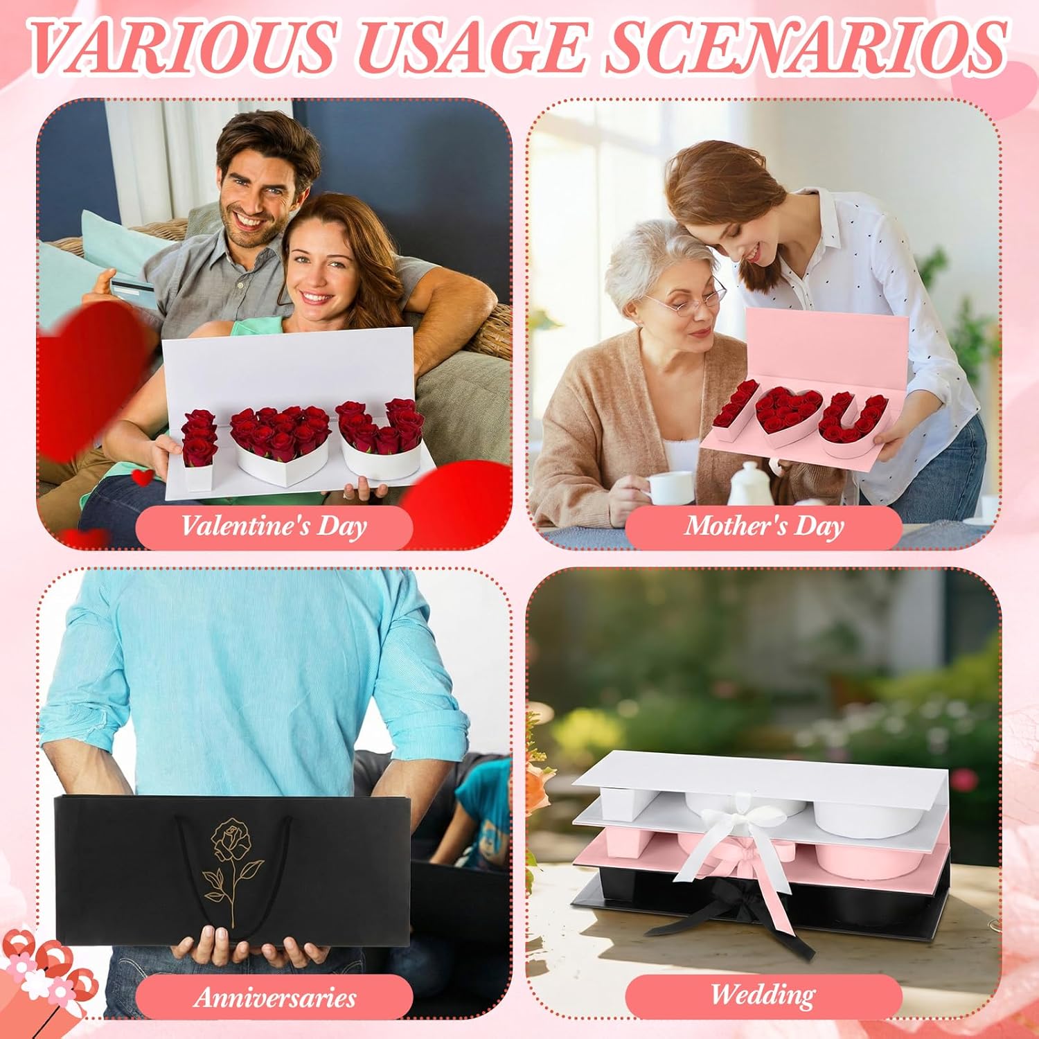 Tosstuki 12 Set Mother's Day Empty I Love U Flower Box Cardboard Letter Shaped Fillable I Heart U Gift Box for Mother's Day Wedding Rose Bouquet(White，black，pink)