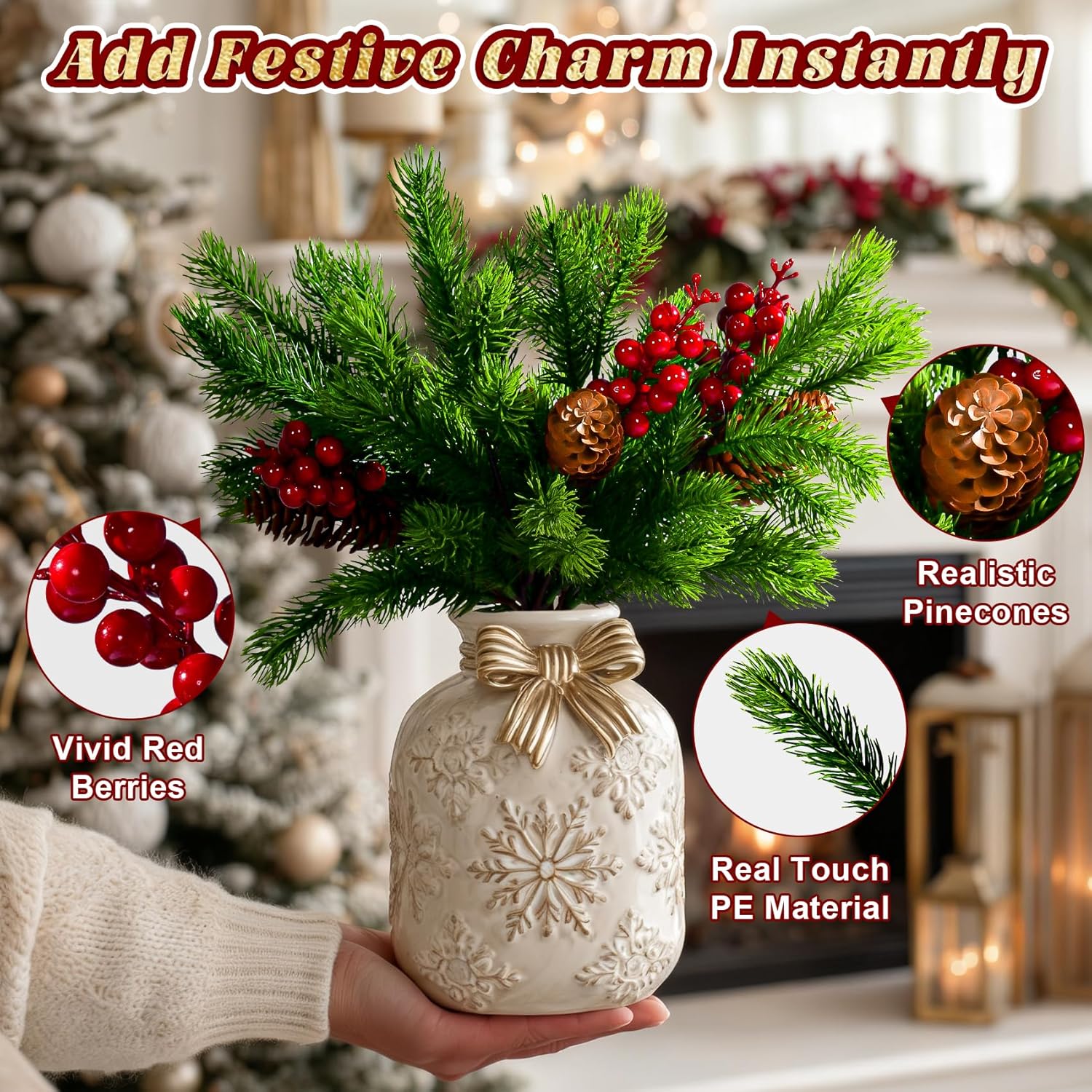 8PCS Artificial Pine Branches with Red Berry Pine Cones Artificial Needles Branches Greenery Stems Fake Greenery Floral Arrangements Branches 2