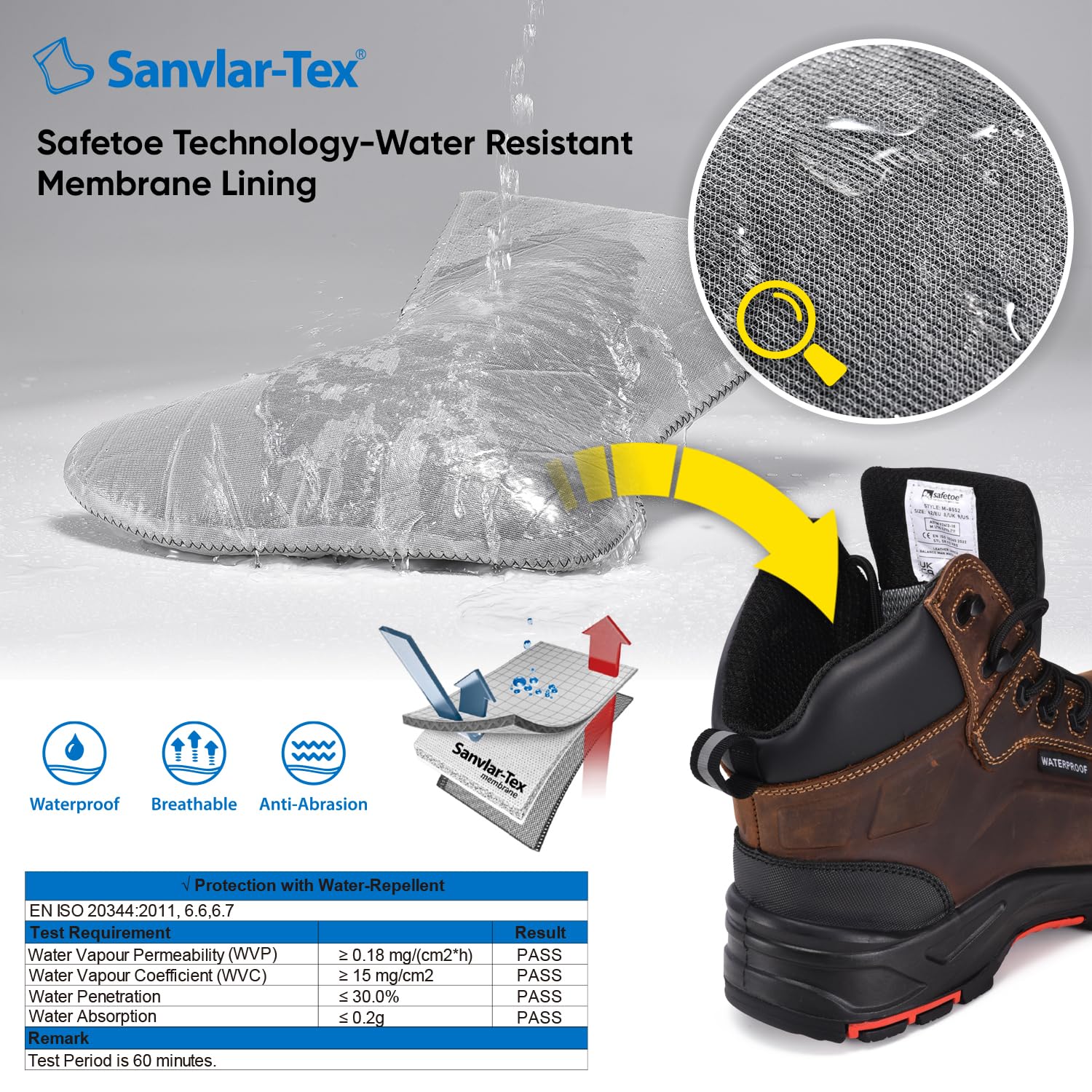 SAFETOE Sicherheitsstiefel M-8552 Herren Wide Fit Composite Toe Arbeitsstiefel ESD antistatisch wasserbeständiges Rindsleder Heavy Duty Anti-Nagel Composite Platte Anti-Rutsch Pu Gummisohle S3 SRC