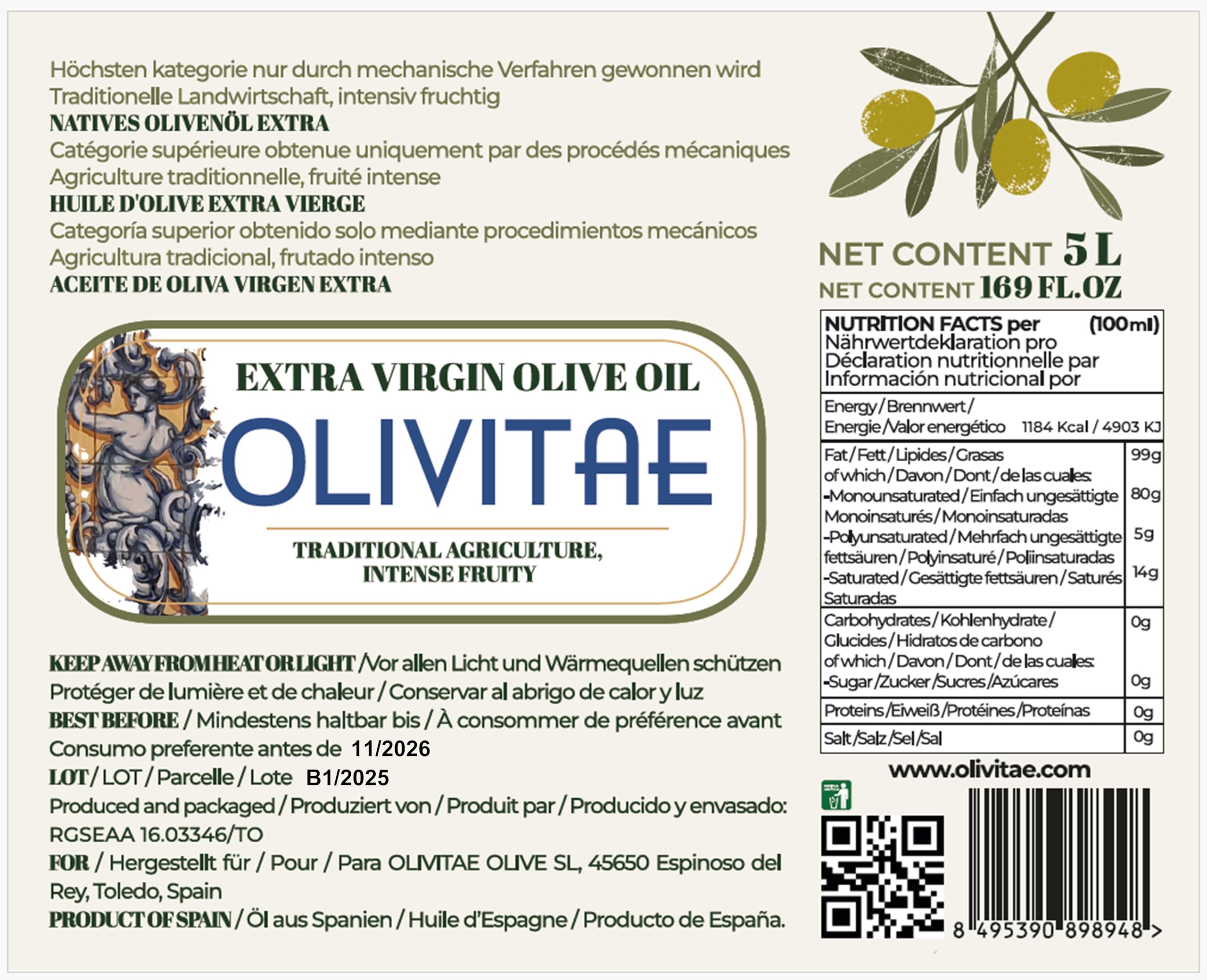 OLIVITAE. Aceite de Oliva Virgen Extra 5L de Toledo, España y Aceitera de Artesanía Cerámica. Rico en Polifenoles, prensado en frío.