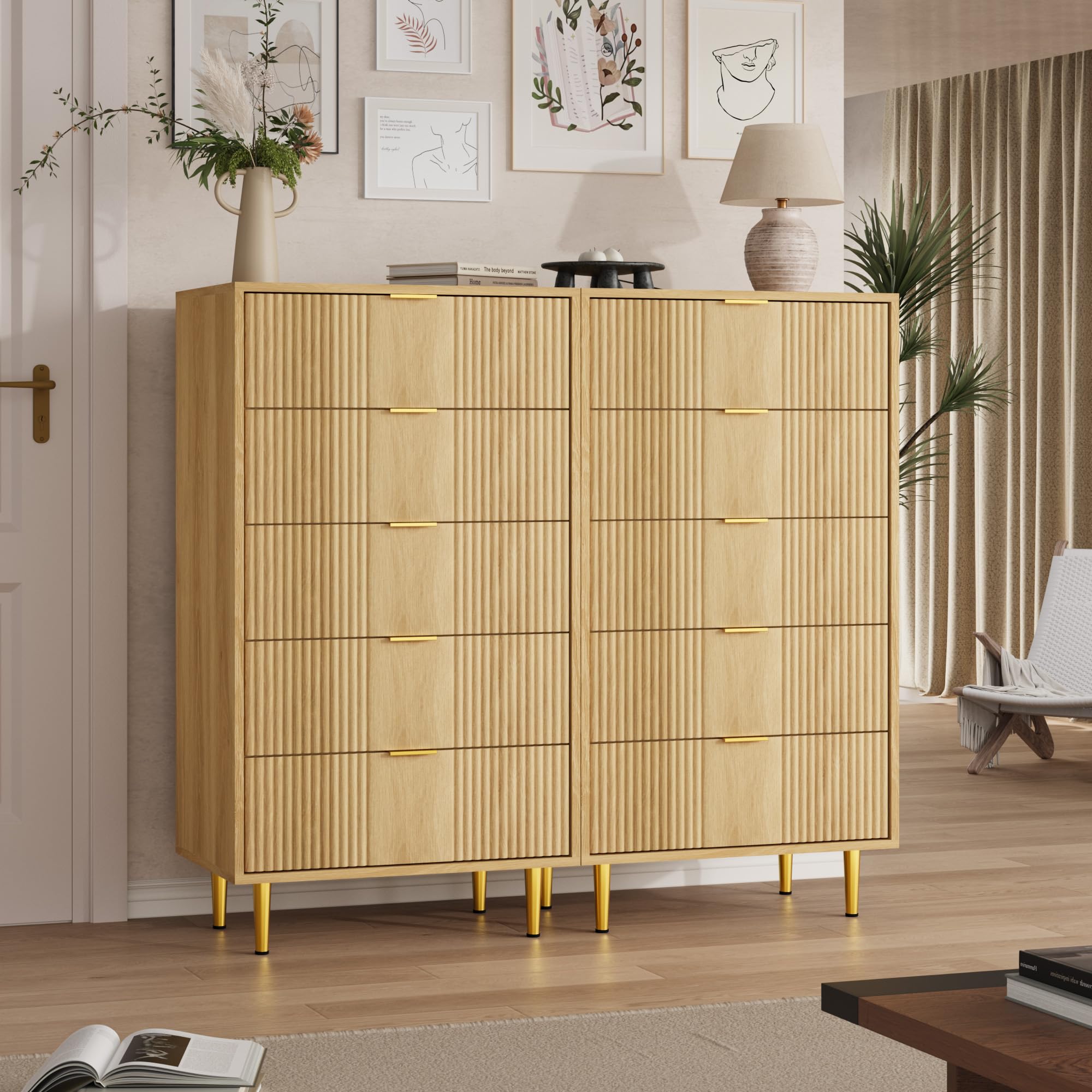 Garvee Kommode Mit 5 Schubladen, Komodenschrank, Schubladenschrank, Wäschekommode, Für Schlafzimmer Möbel Für Wohnzimmer Büro Flur,Eiche,60 x 40 x 112 cm