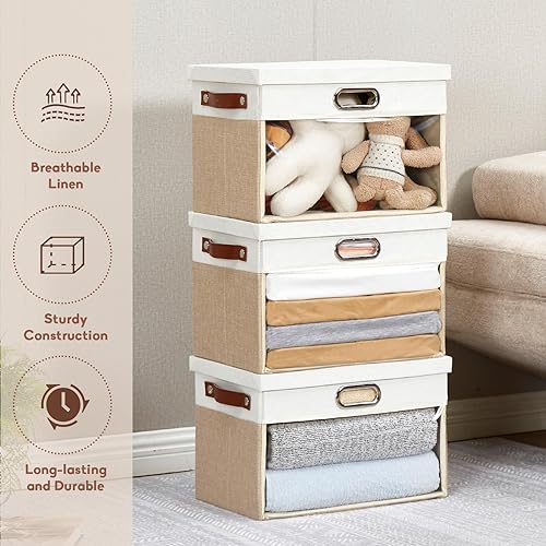 Vista 3 de Contenedores de Almacenamiento de Tela con Ventana Transparente con Tapa, Caja de Almacenamiento para Armario, Cestas de Lino para Armario con 3