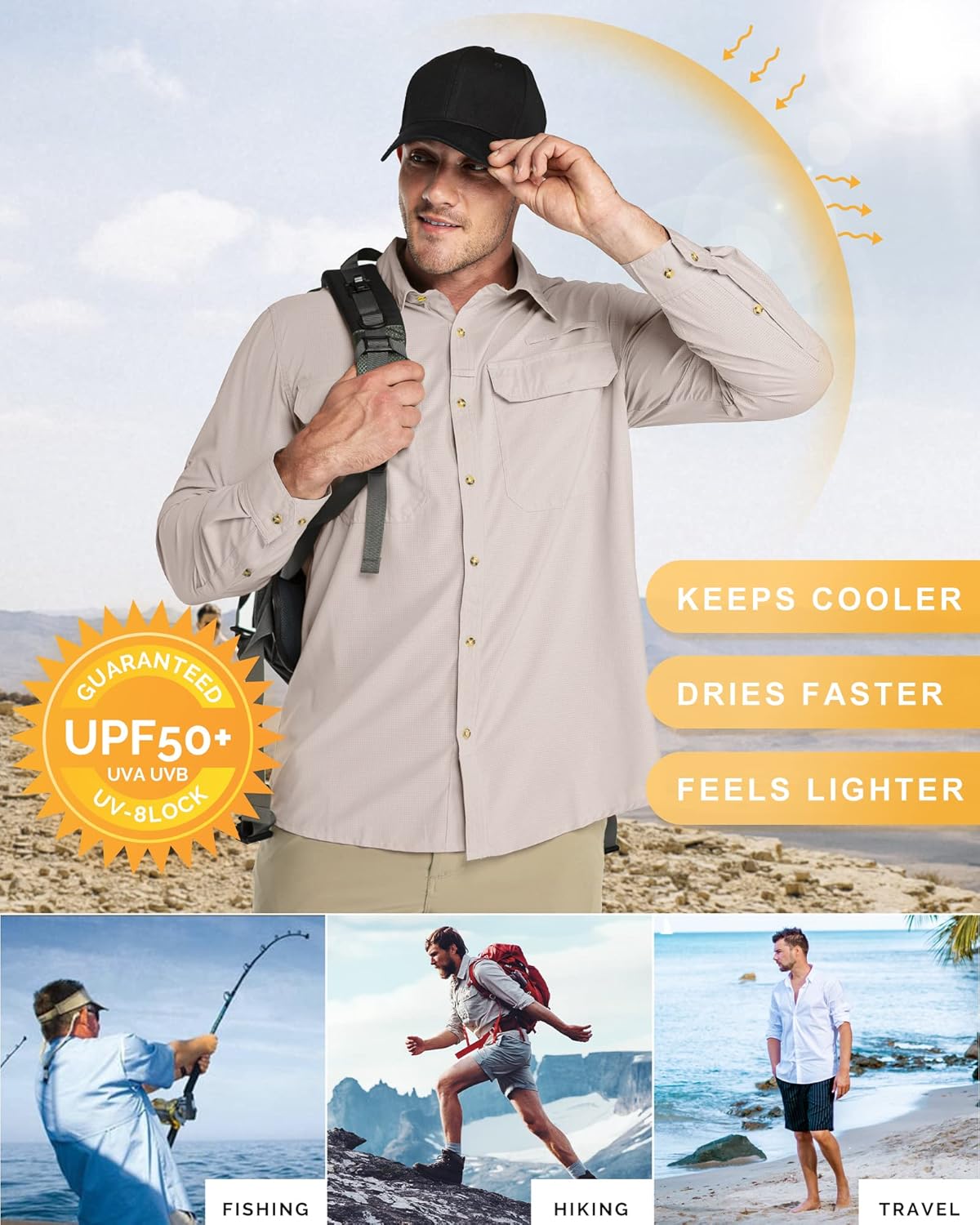 33,000ft Men's Long Sleeve Sun Protection Shirt UPF 50+ UV Quick Dry Cooling Fishing Shirts for Travel Safari Camping Hiking - Image 4