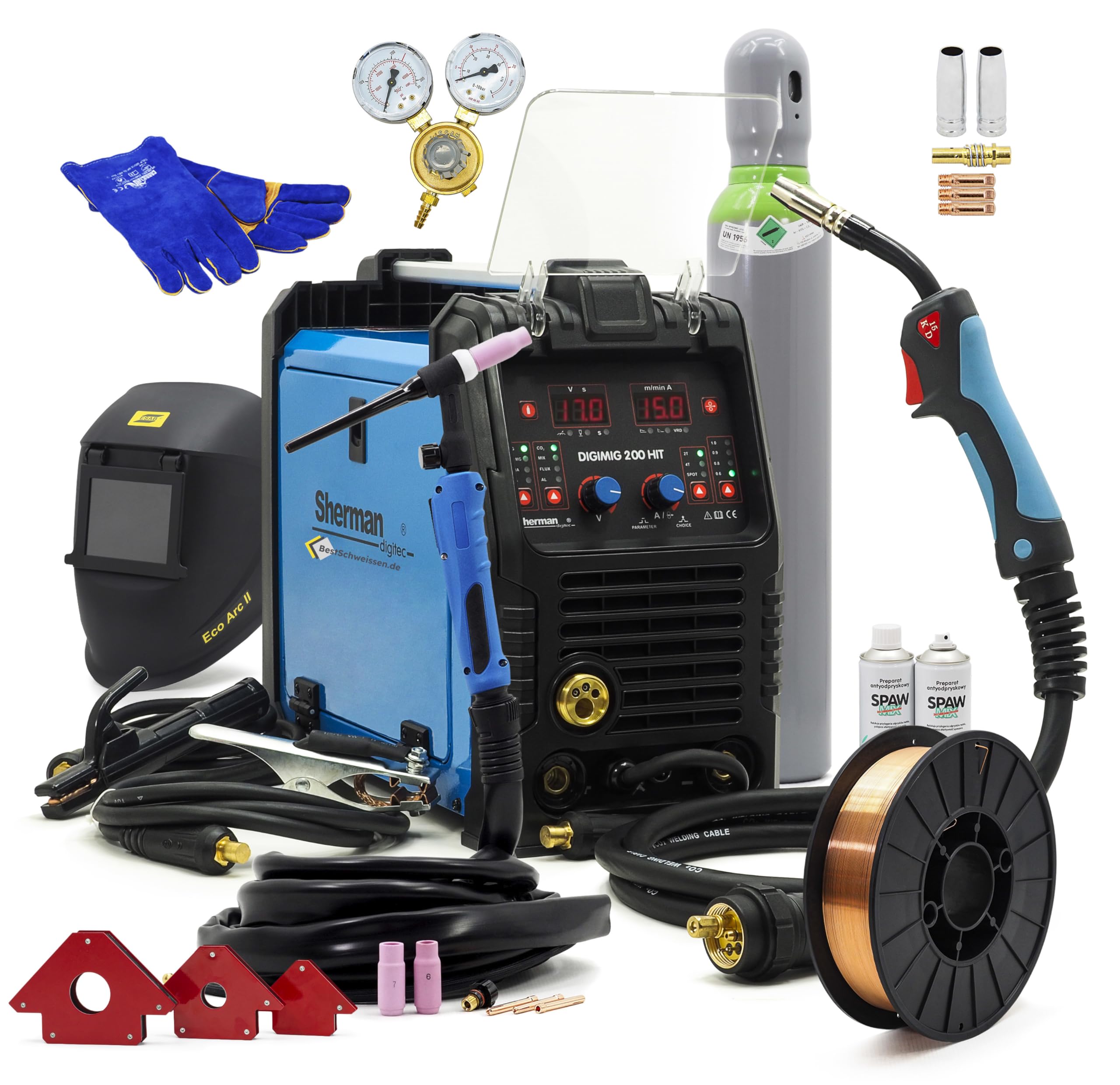 Máquina de soldar MIG MAG Inverter – Bestschweissen.de Sherman Digimic 200 HIT 230 V 200 A – Set con gas protector, MMA, WIG Lift, Sinergia, IGBT