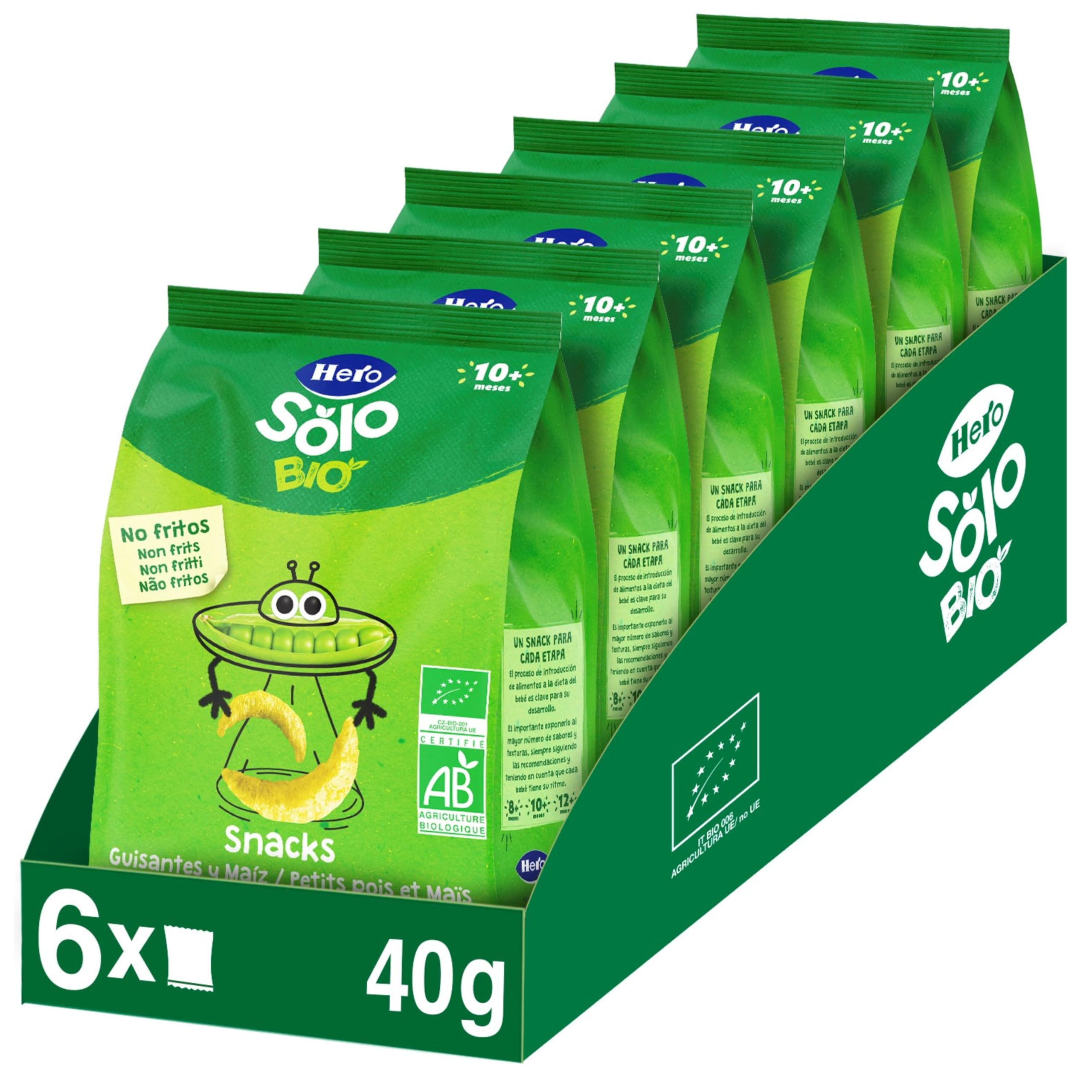 Hero Solo - Snack de Guisantes y Maíz, 100% ECO, BIO, con Ingredientes de Agricultura Ecológica y UE, No Fritos, Apto para Bebés a Partir de 10 Meses - Pack de 6 x 40 g