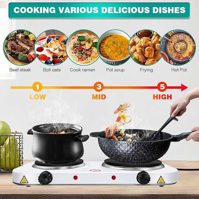 Estufa Eléctrica Portátil de 2 Puestos, 2000W, Control Dual de Temperatura miniatura 4