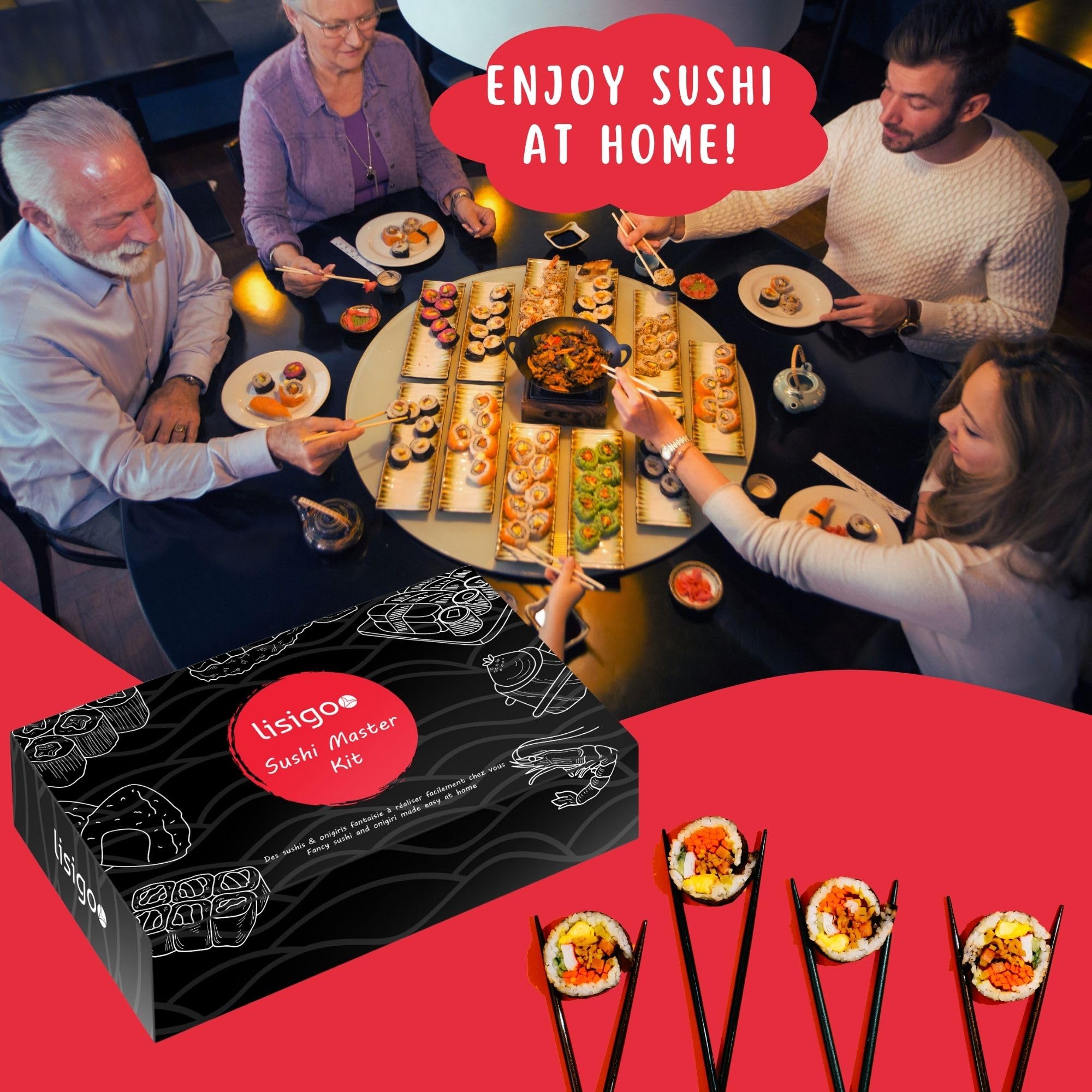 Kit sushi complet - Sushi maker - Appareil pour fabrication sushi - Coffret avec natte en bambou, couteau japonais, moule onigiri, moule sushi, moule maki - Idée cadeau homme femme