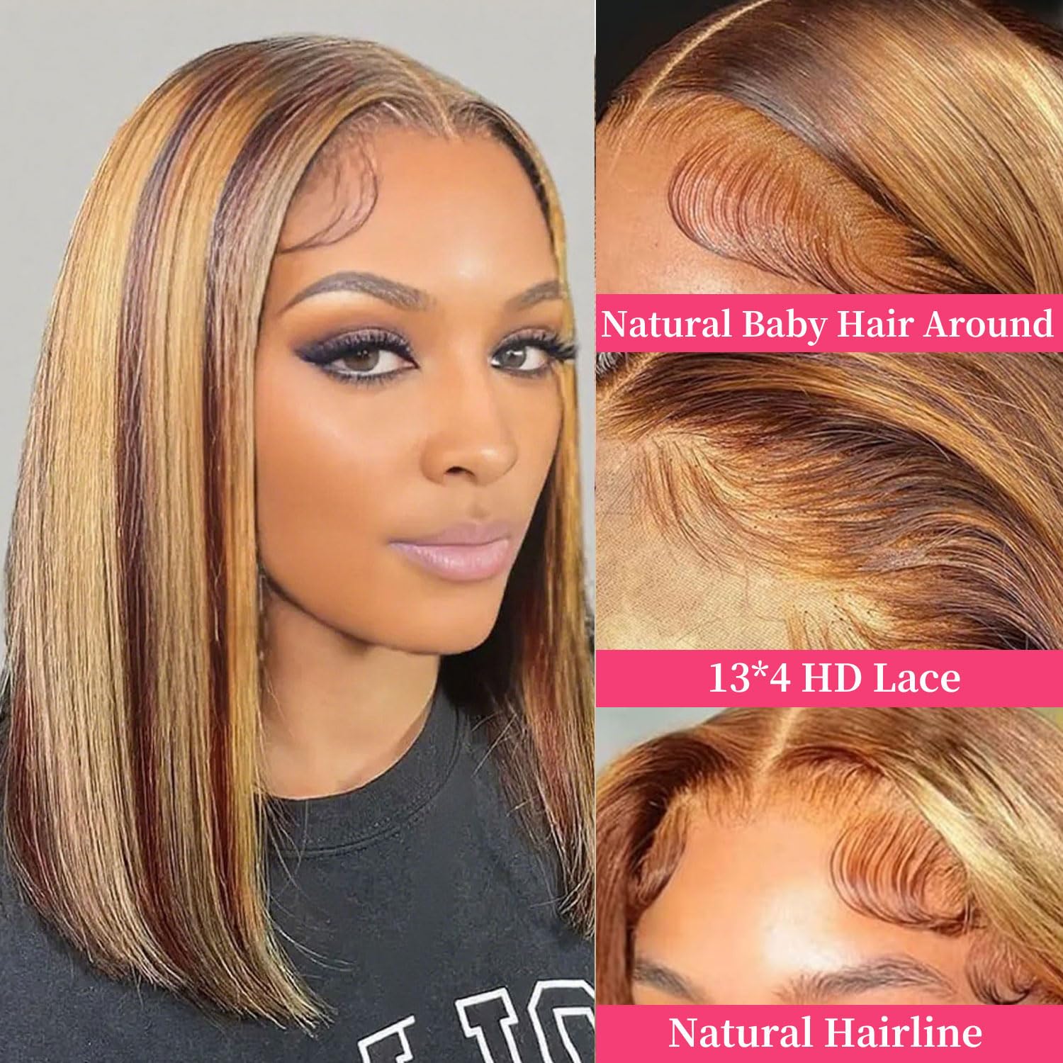Wepwcod Bob Wigs Human Hair Glueless 13x4 HD Lace Closure Glueless Human Hair 180% Density Short Straight Wig for Black Women (STW Bob Wig-4/30 - Image 2