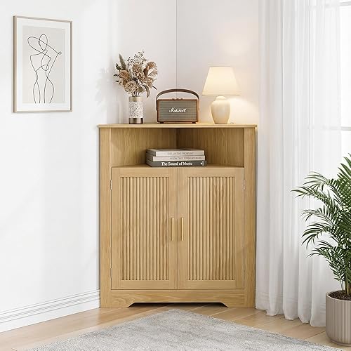 Miniatura 10 de Smuxee - Armario de almacenamiento de esquina para el baño, gabinete de piso de esquina de estilo granja con puerta de granero y estante ajustable,