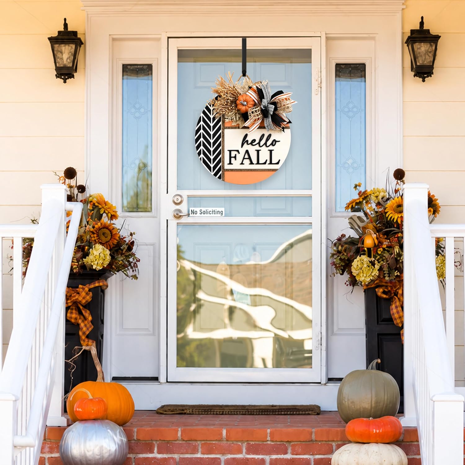 Fall Door Decor, Hello Fall Door Hanger Sign with Pumpkin and Bow, Rustic Round Fall Wreath Sign for Front Door, Fall Decorations for Home, Porch and Wall, Thanksgiving Farmhouse Decor