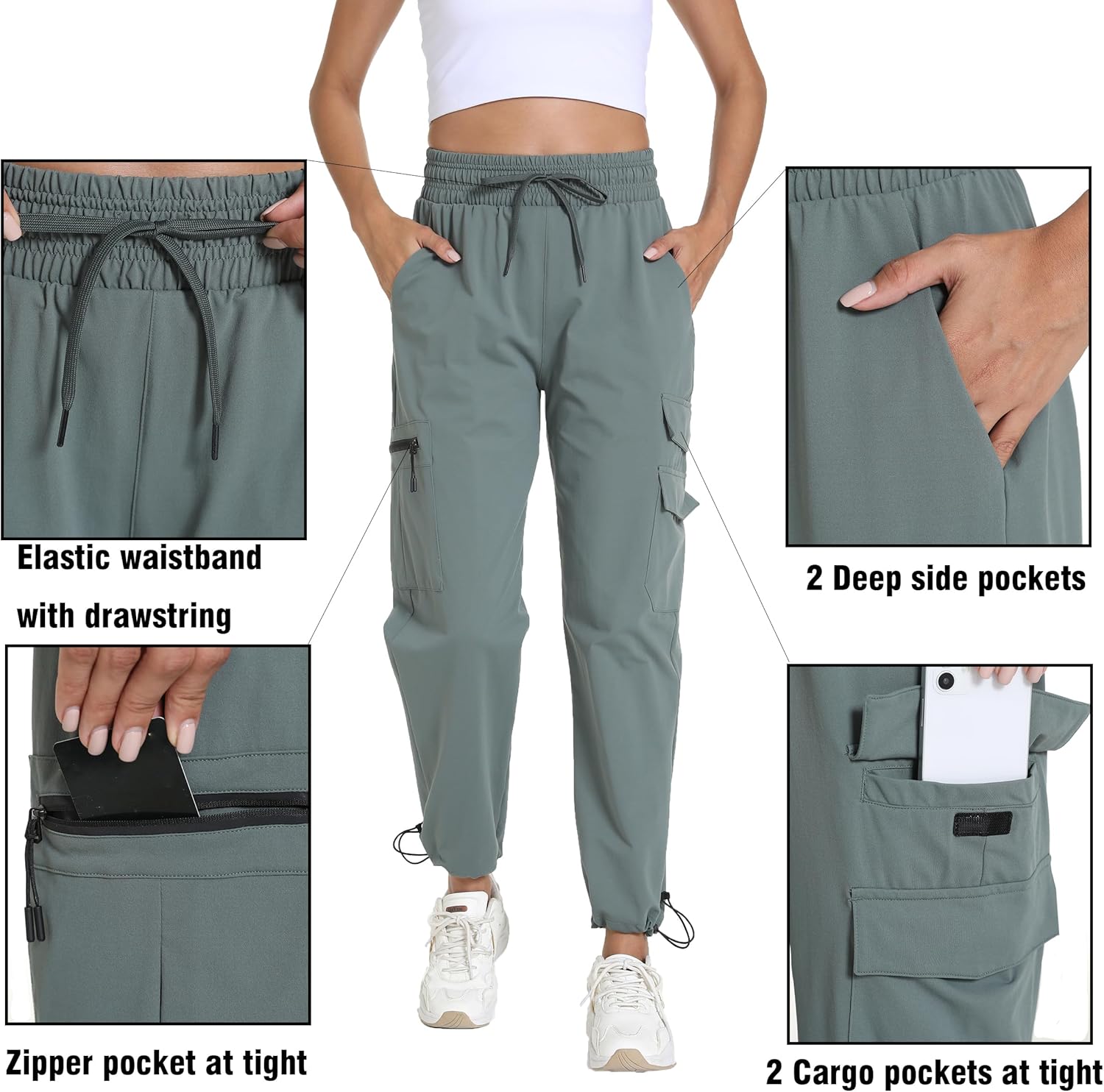Women's Joggers with Pockets, Hiking Cargo Water Resistant Lightweight Pants for Women Workout Athletic Travel Camping - Image 3