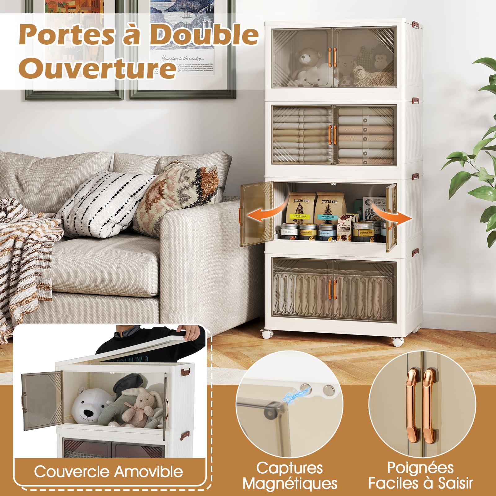 GOPLUS Boite Rangement Empilable et Pliable à 4 Niveaux en PP, Caisse Rangement avec roulettes, 71L par Niveaux, Couvercle Amovible, Portes Magnétique, Boucles Latéraux, Chambre, Salon