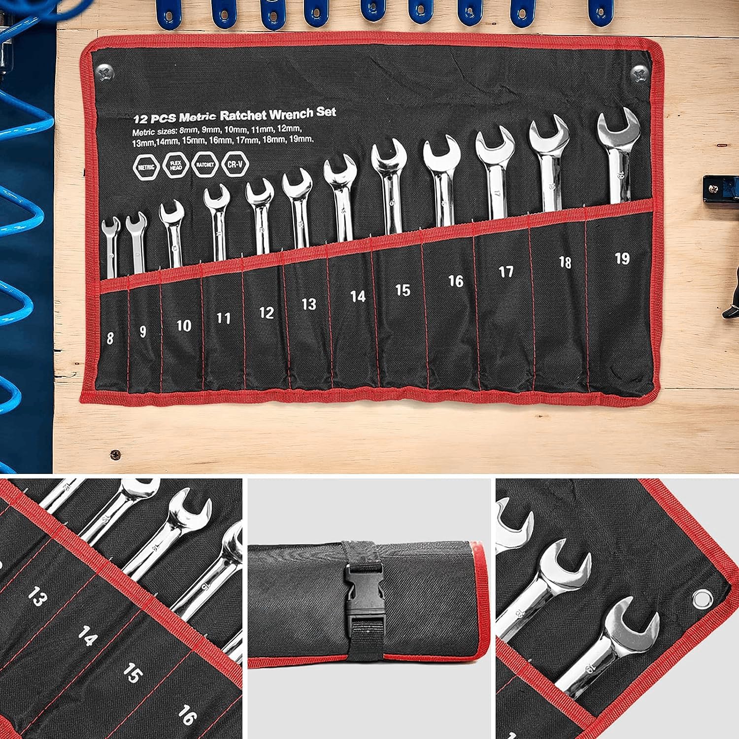 12 Pieces Wrench Set, Fix-Head Ratcheting Combination Set, Metric 8mm-19mm, 72-Teeth,Cr-V Steel Ratchet Wrenches Set with Storage Bag for Truck Garage Projects