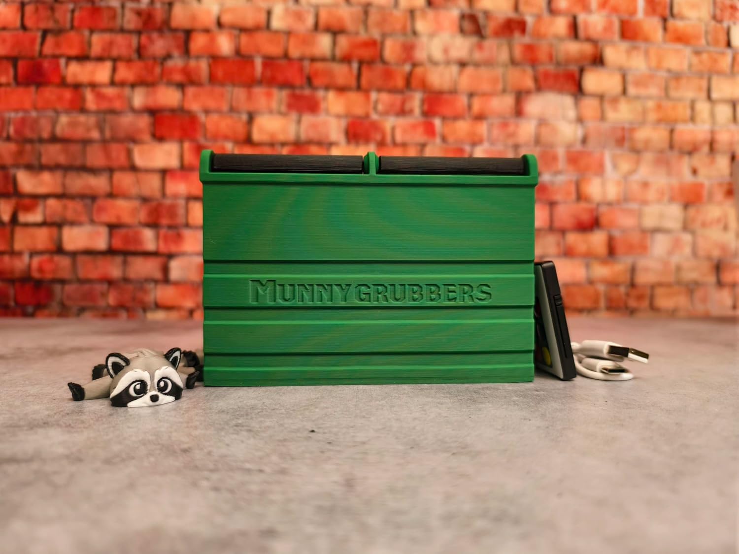 MunnyGrubbers - Dumpster Fire Desk Pencil Holder With USB Rechargeable Multicolor LED Flame & Fidget Racoon - Desk Accessories - Cute Decor - Funny Gifts for Coworker - (DFPH-USB-Green)