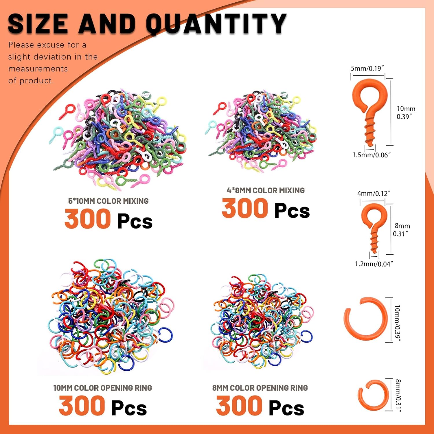 Tanstic 1200Pcs Colorful Mini Screw Eye Pins with Open Jump Rings Assortment Kit, 4x8mm/5x10mm Small Metal Eye Pins Hooks Eyelet Threaded, 8mm/10mm Jump Rings for Jewelry Making